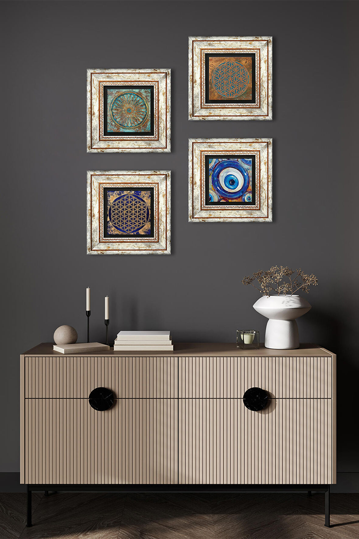 Nazar, Yaşam Çiçeği Taş Duvar Tablosu Çerçeveli Duvar Dekoru 4 Parça Tablo Seti Wall Art