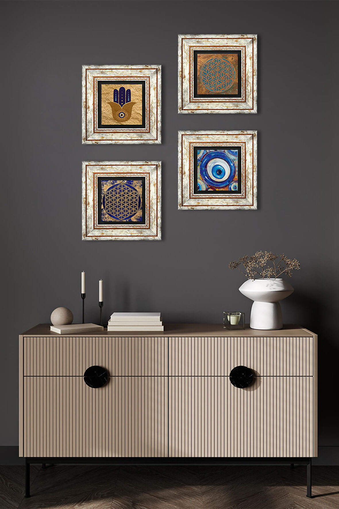 Fatma Ana Eli (Hamsa), Nazar, Yaşam Çiçeği Taş Duvar Tablosu Çerçeveli Duvar Dekoru 4 Parça Tablo Seti Wall Art
