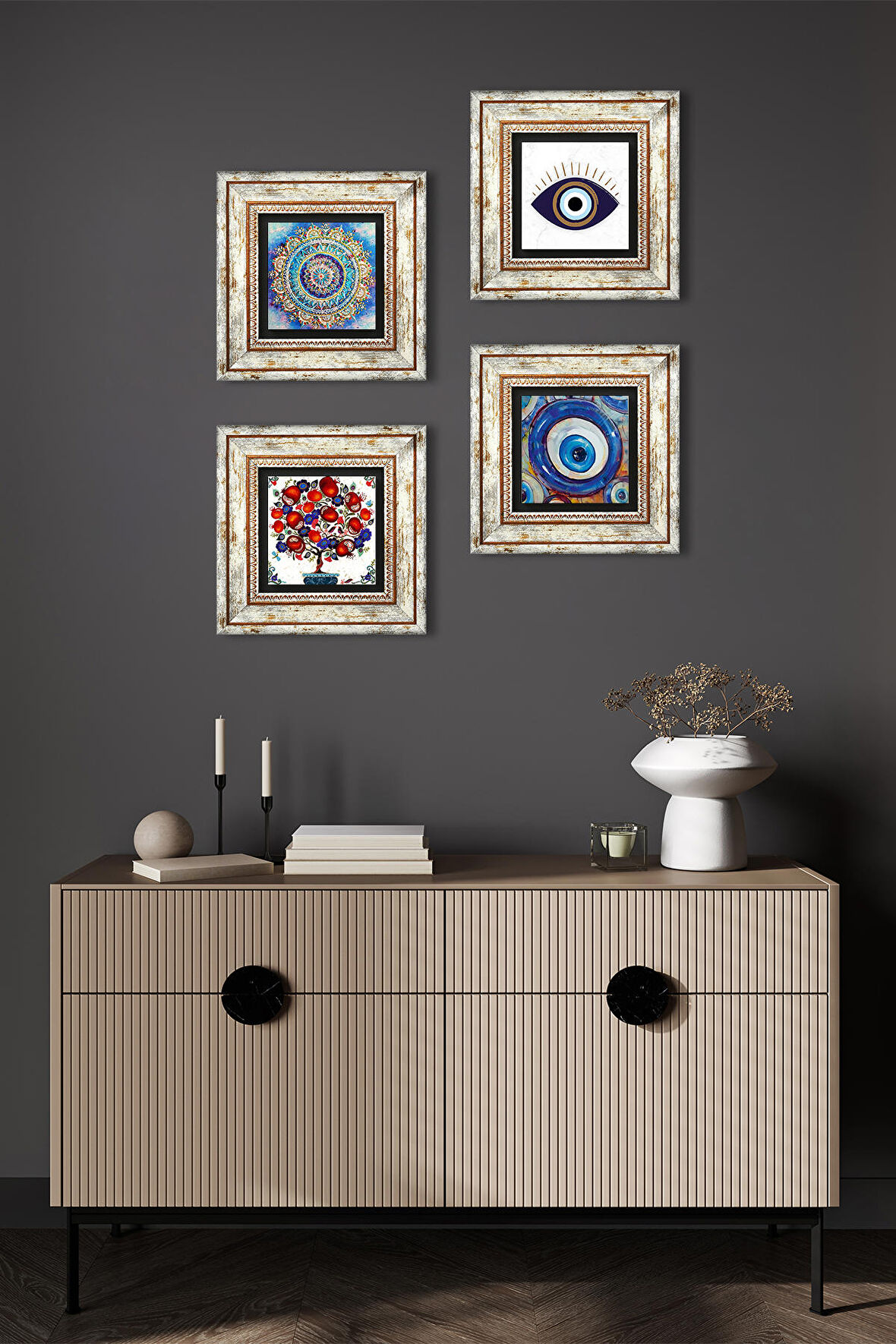 Nazar, Mandala, Nar Ağacı Taş Duvar Tablosu Çerçeveli Duvar Dekoru 4 Parça Tablo Seti Wall Art