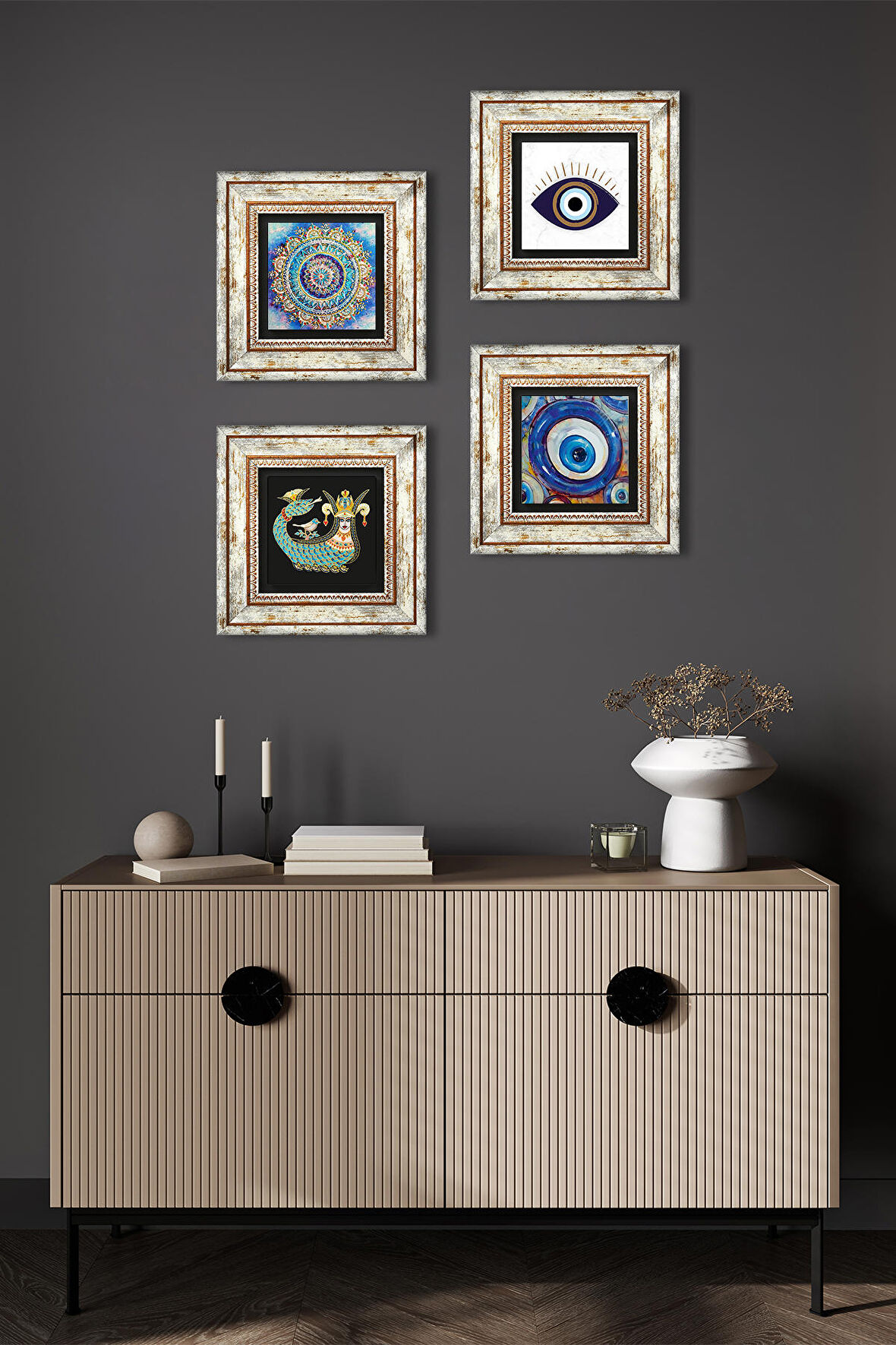 Nazar, Mandala, Şahmeran Taş Duvar Tablosu Çerçeveli Duvar Dekoru 4 Parça Tablo Seti Wall Art