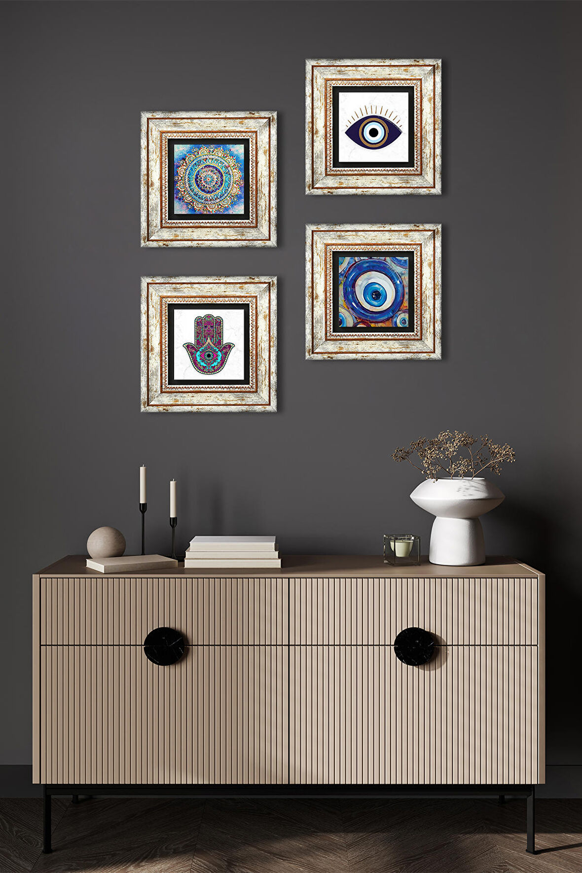 Nazar, Mandala, Fatma Ana Eli (Hamsa) Taş Duvar Tablosu Çerçeveli Duvar Dekoru 4 Parça Tablo Seti Wall Art