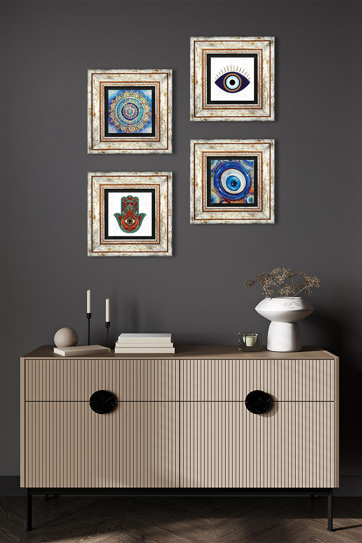 Nazar, Mandala, Fatma Ana Eli (Hamsa) Taş Duvar Tablosu Çerçeveli Duvar Dekoru 4 Parça Tablo Seti Wall Art