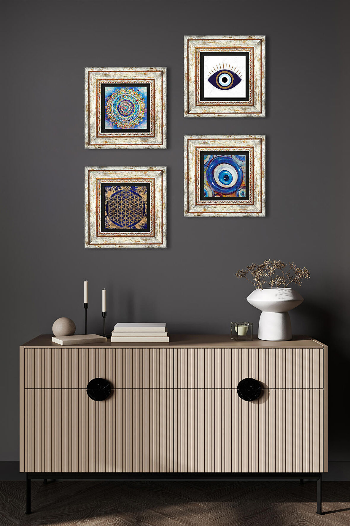 Nazar, Mandala, Yaşam Çiçeği Taş Duvar Tablosu Çerçeveli Duvar Dekoru 4 Parça Tablo Seti Wall Art