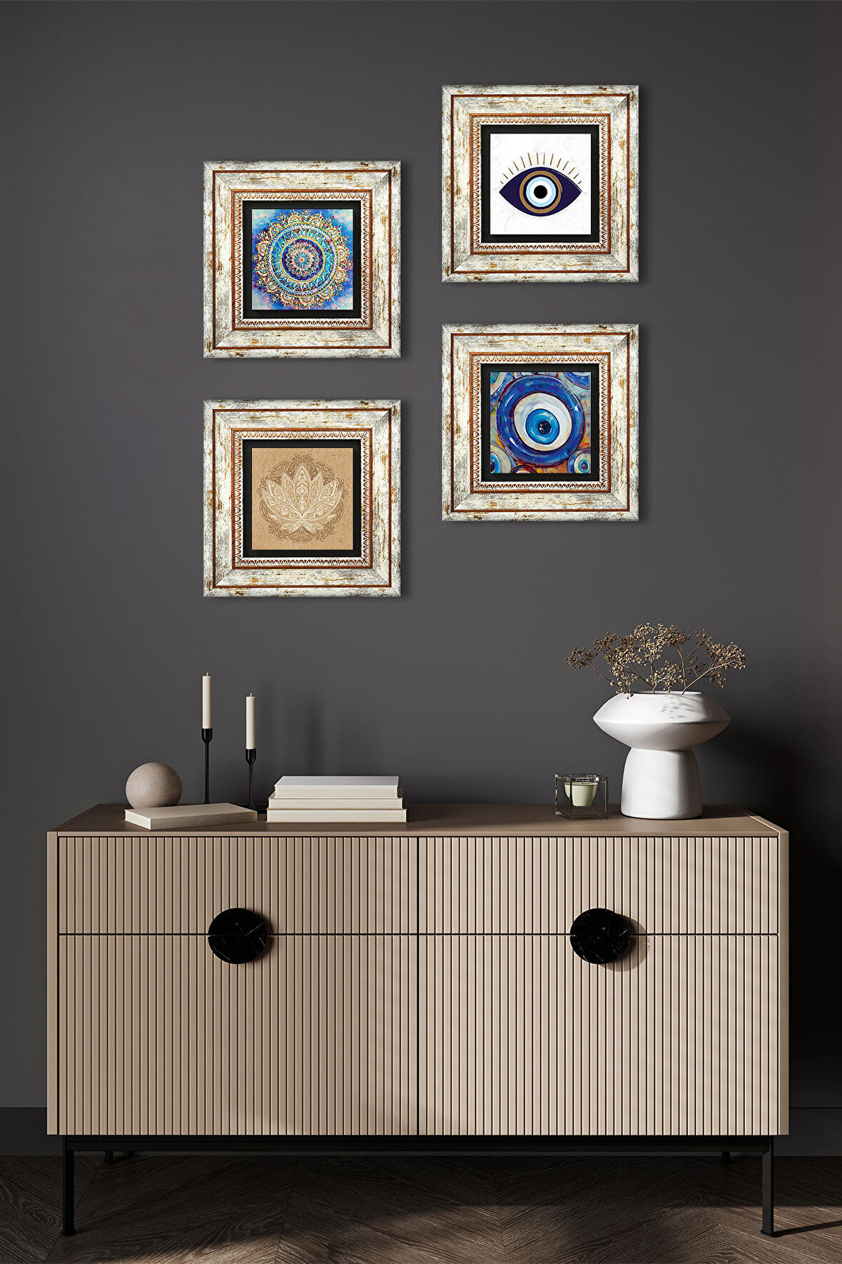 Nazar, Mandala, Lotus Çiçeği Taş Duvar Tablosu Çerçeveli Duvar Dekoru 4 Parça Tablo Seti Wall Art