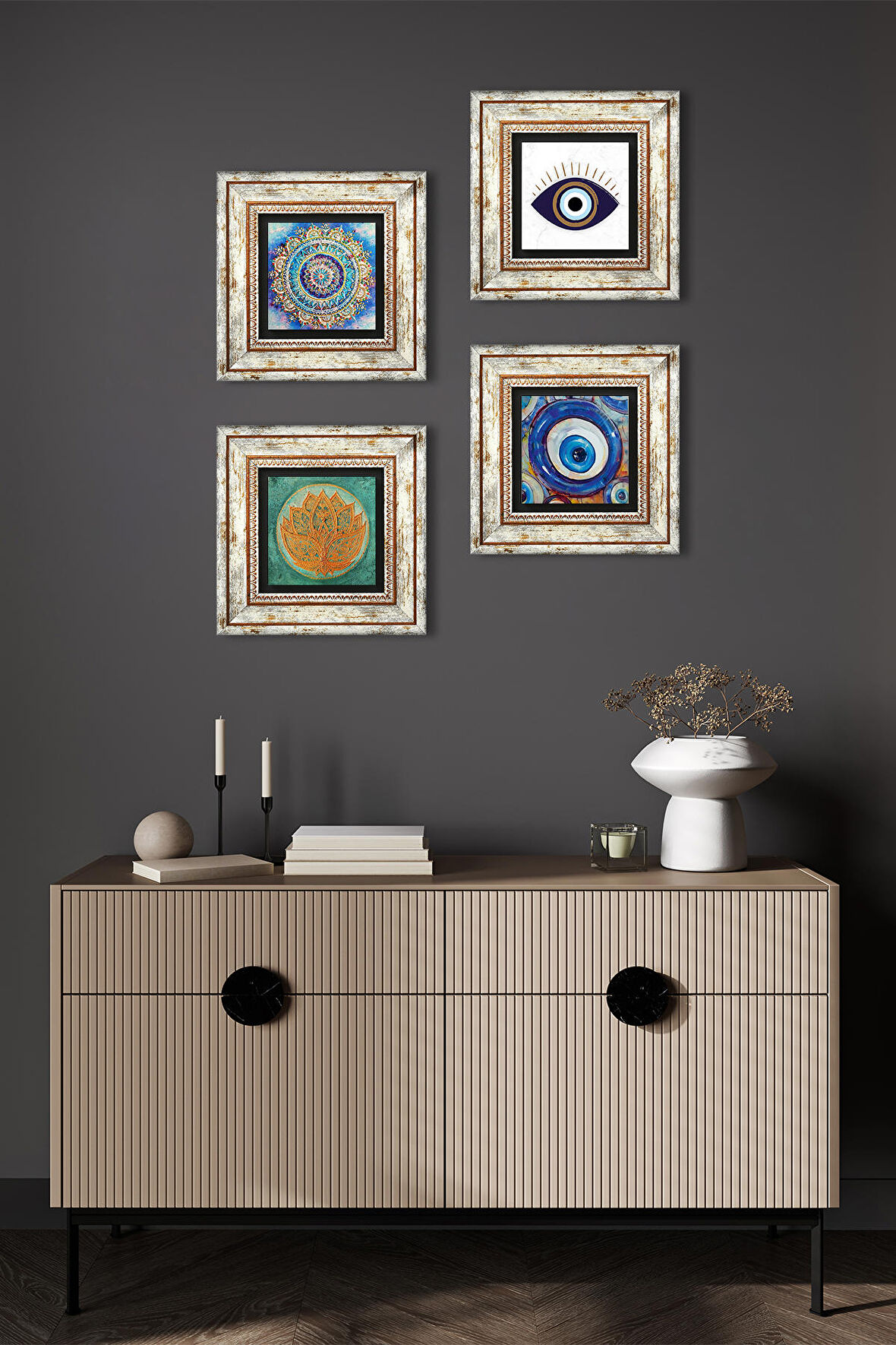 Nazar, Mandala, Lotus Çiçeği Taş Duvar Tablosu Çerçeveli Duvar Dekoru 4 Parça Tablo Seti Wall Art