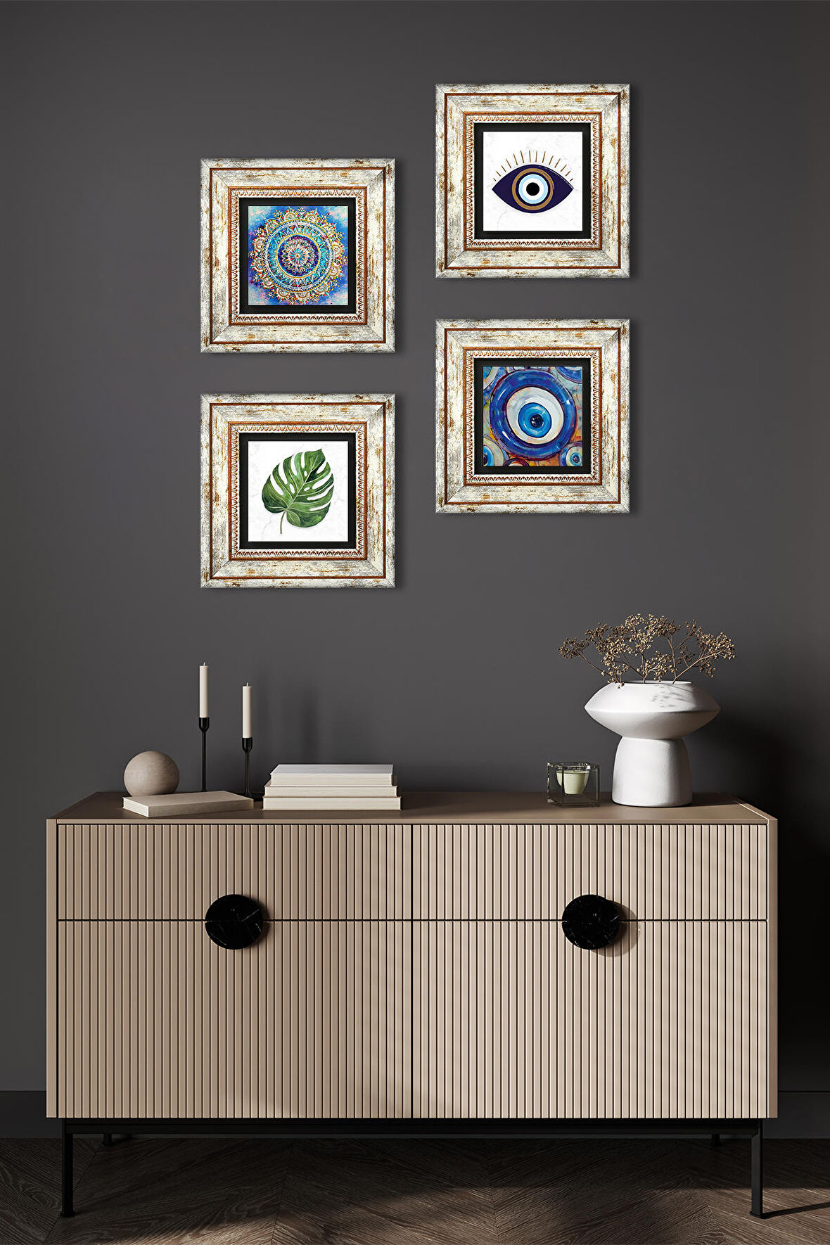 Nazar, Mandala, Yaprak Taş Duvar Tablosu Çerçeveli Duvar Dekoru 4 Parça Tablo Seti Wall Art