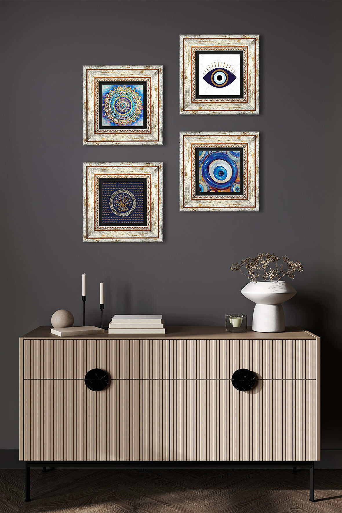 Mandala, Nazar Taş Duvar Tablosu Çerçeveli Duvar Dekoru 4 Parça Tablo Seti Wall Art