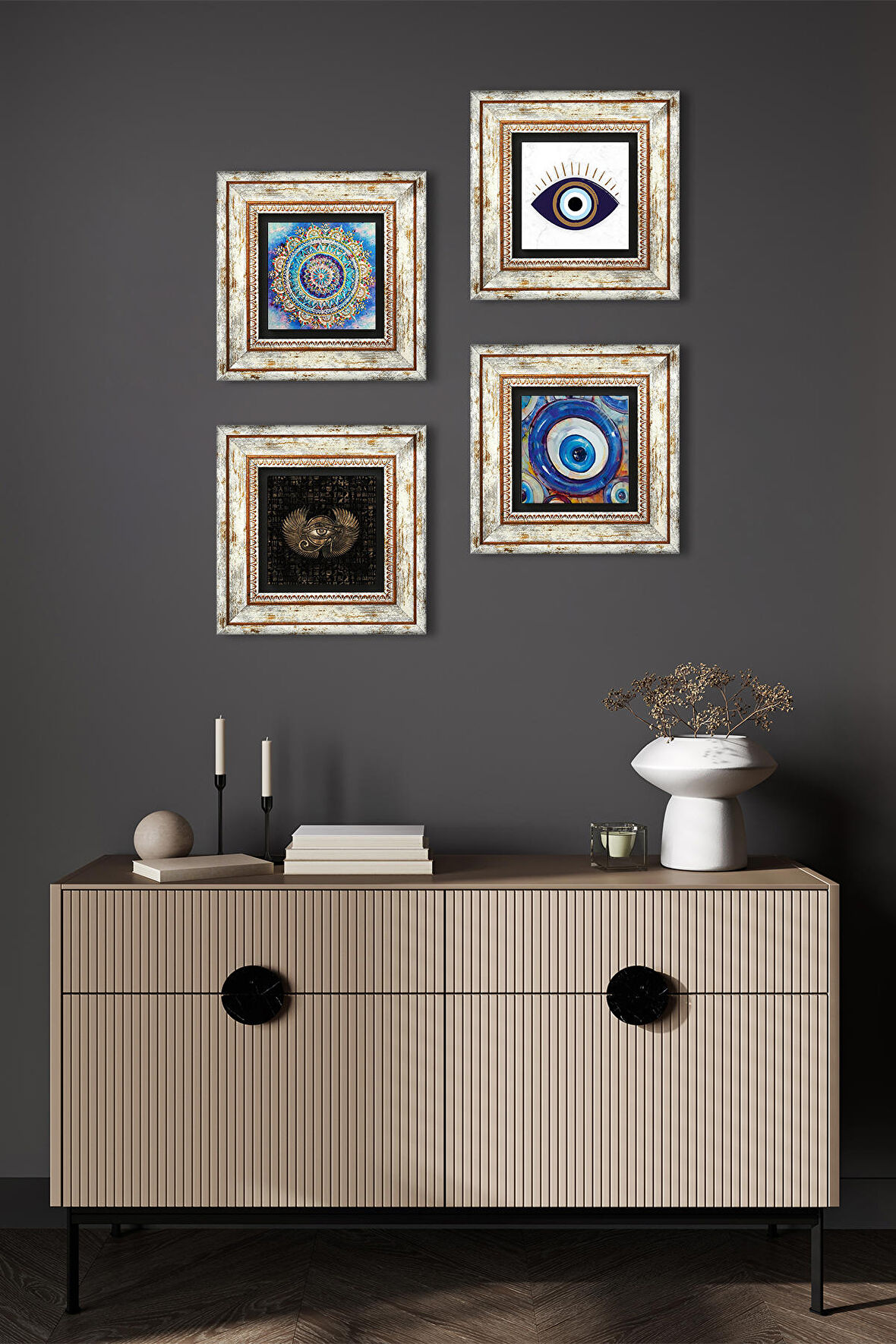 Nazar, Mandala, Horus'un Gözü Taş Duvar Tablosu Çerçeveli Duvar Dekoru 4 Parça Tablo Seti Wall Art