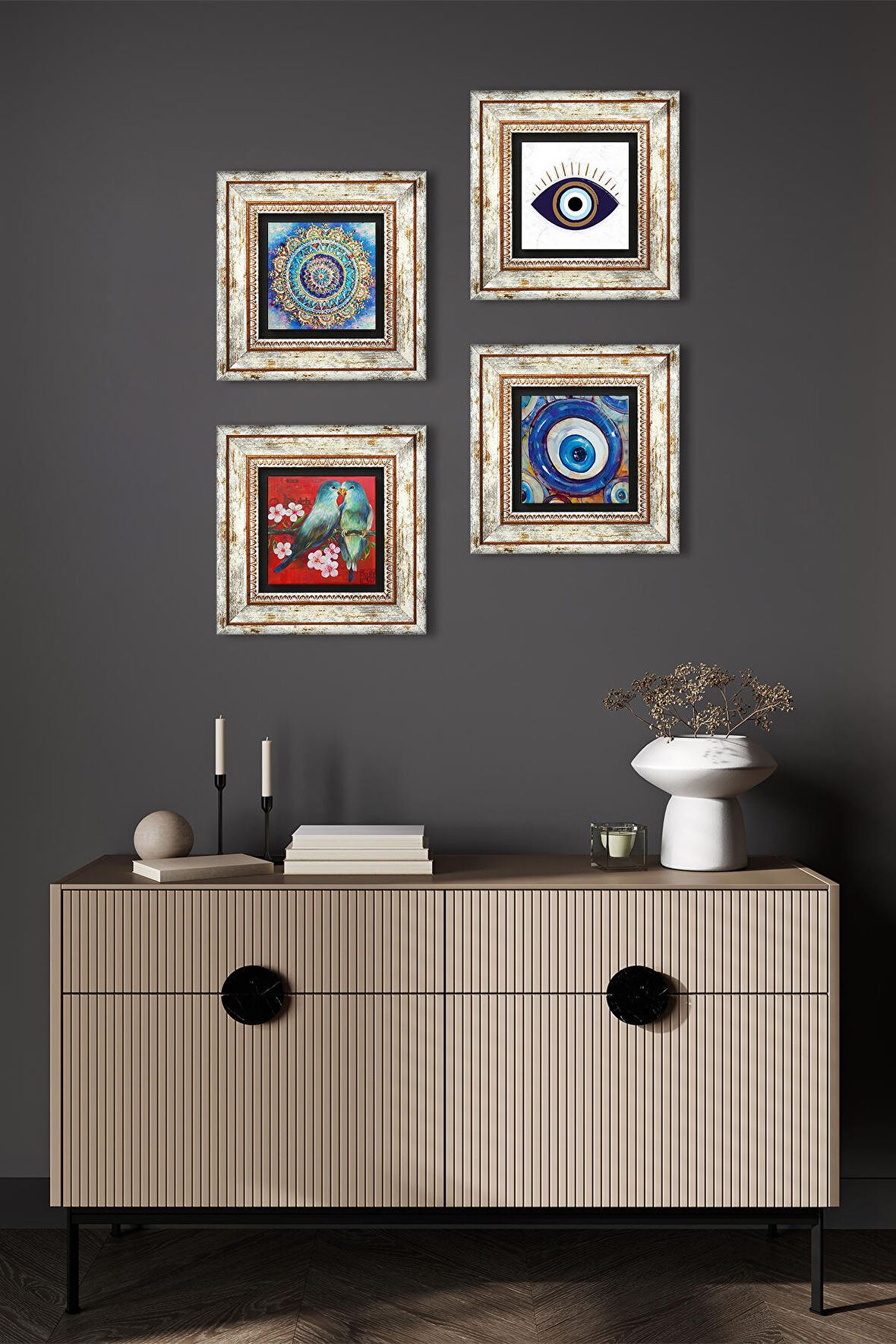 Nazar, Mandala, Kuş Taş Duvar Tablosu Çerçeveli Duvar Dekoru 4 Parça Tablo Seti Wall Art