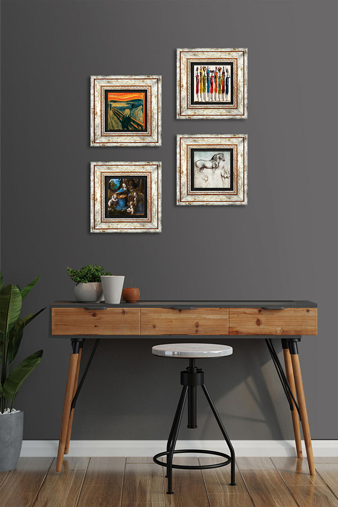 Da Vinci At Heykeli, Kayalıklar Bakiresi, Çığlık, Yerli Kadınlar Taş Duvar Tablosu Çerçeveli Duvar Dekoru 4 Parça Tablo Seti Wall Art