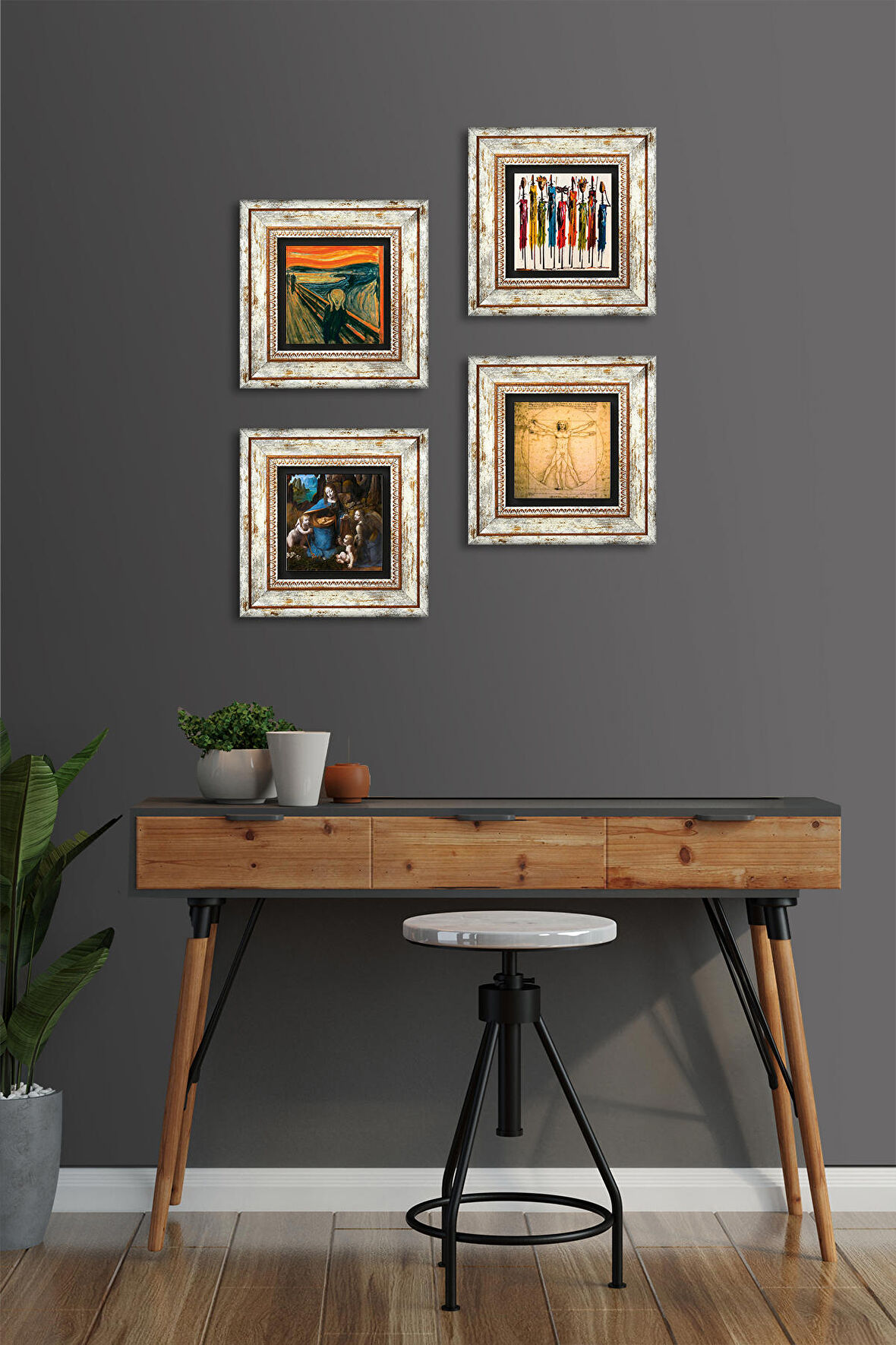 Leonardo da Vinci, Çığlık, Yerli Kadınlar Taş Duvar Tablosu Çerçeveli Duvar Dekoru 4 Parça Tablo Seti Wall Art