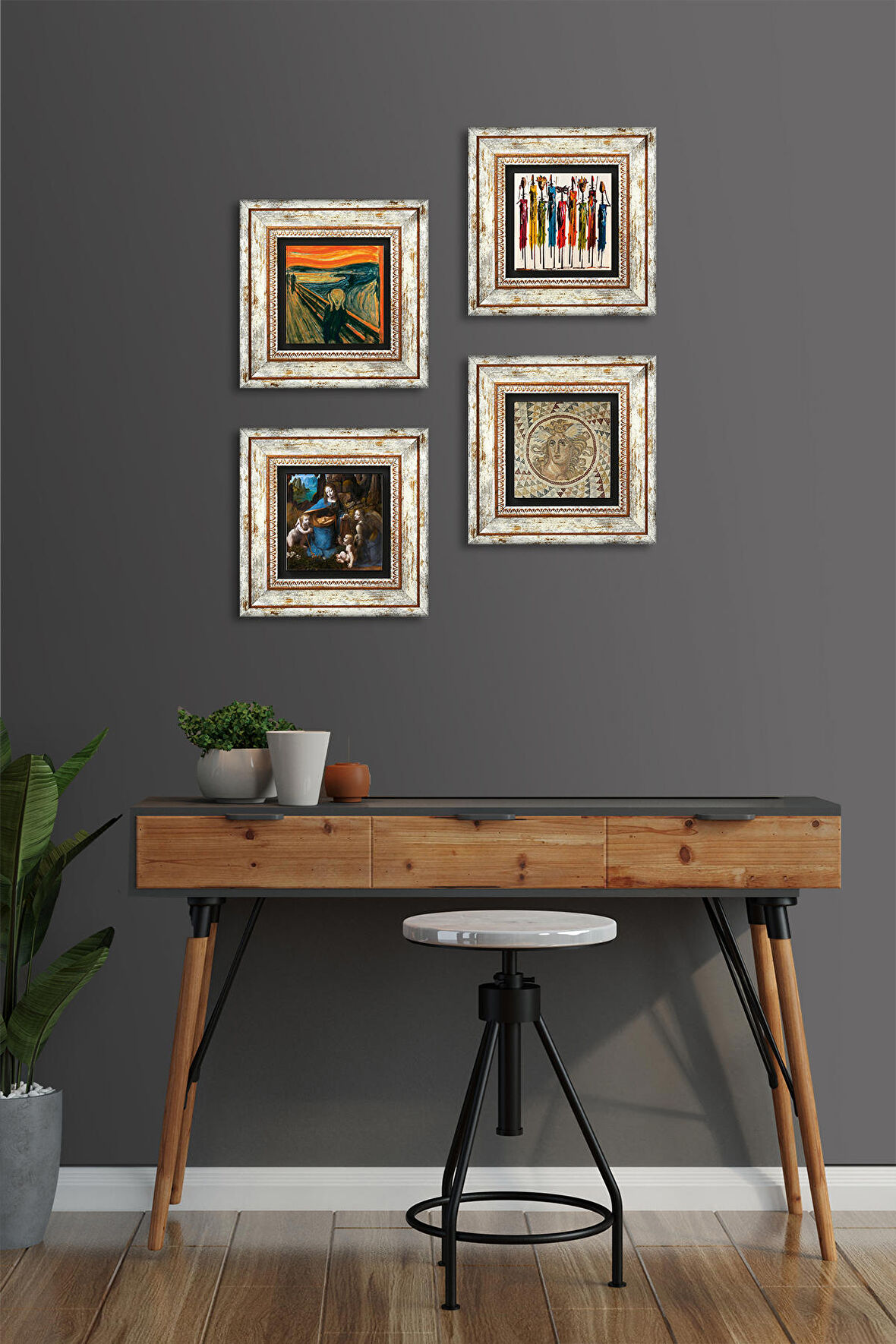 Leonardo da Vinci, Çığlık, Yerli Kadınlar, Mozaik Taş Duvar Tablosu Çerçeveli Duvar Dekoru 4 Parça Tablo Seti Wall Art