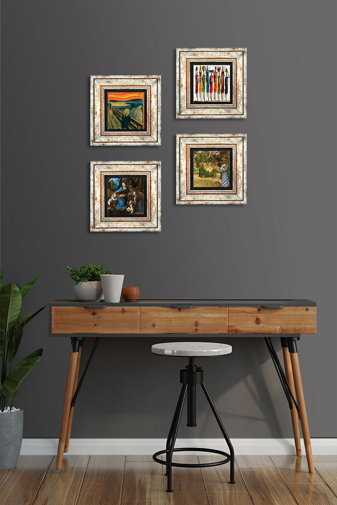 Leonardo da Vinci, Claude Monet, Çığlık, Yerli Kadınlar Taş Duvar Tablosu Çerçeveli Duvar Dekoru 4 Parça Tablo Seti Wall Art