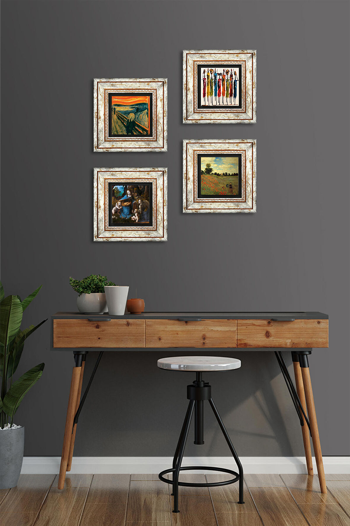 Leonardo da Vinci, Claude Monet, Çığlık, Yerli Kadınlar Taş Duvar Tablosu Çerçeveli Duvar Dekoru 4 Parça Tablo Seti Wall Art