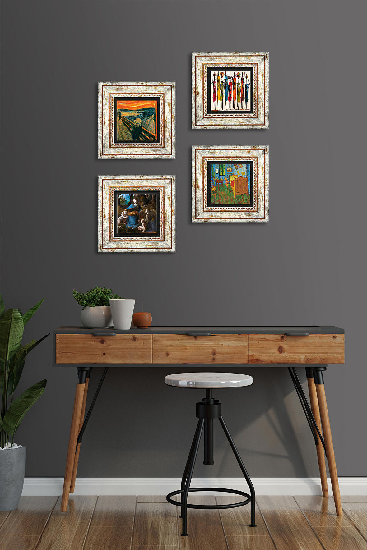 Van Gogh, Leonardo da Vinci, Çığlık, Yerli Kadınlar Taş Duvar Tablosu Çerçeveli Duvar Dekoru 4 Parça Tablo Seti Wall Art