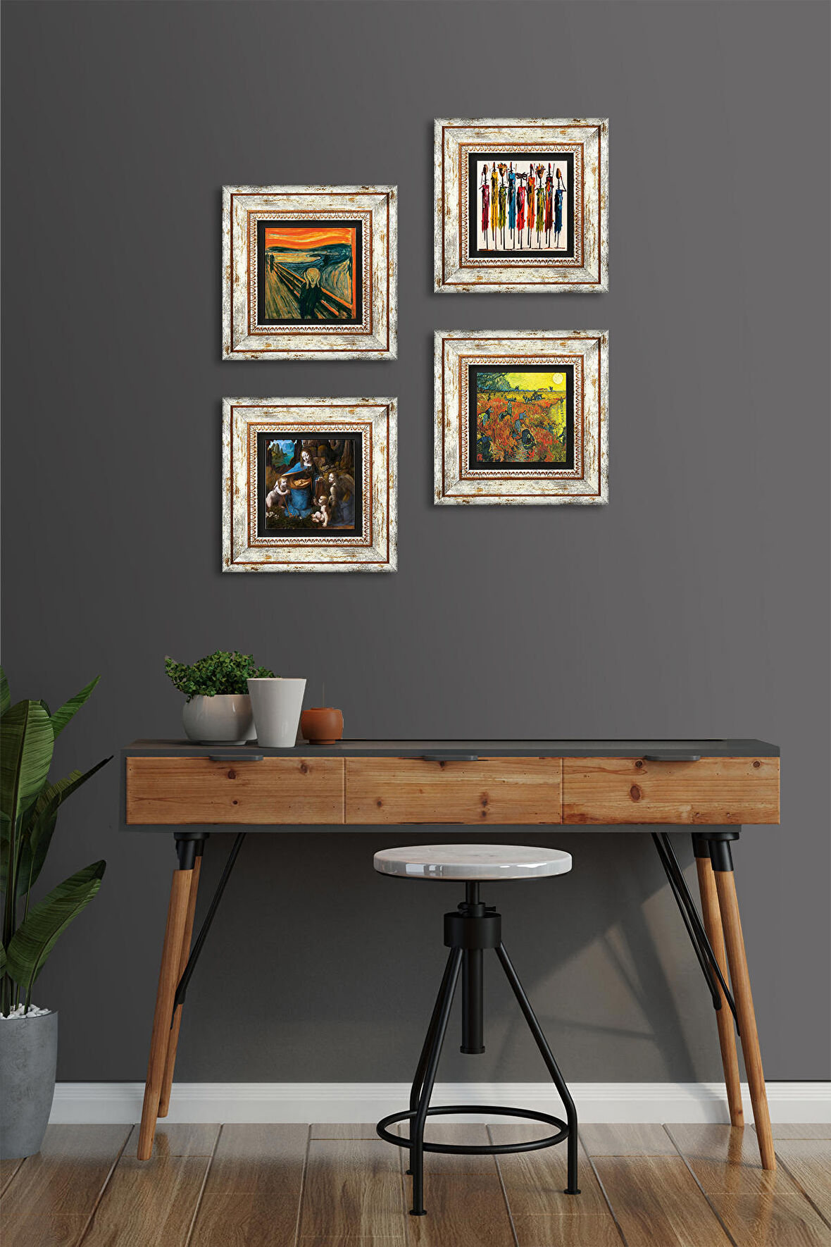 Van Gogh, Leonardo da Vinci, Çığlık, Yerli Kadınlar Taş Duvar Tablosu Çerçeveli Duvar Dekoru 4 Parça Tablo Seti Wall Art