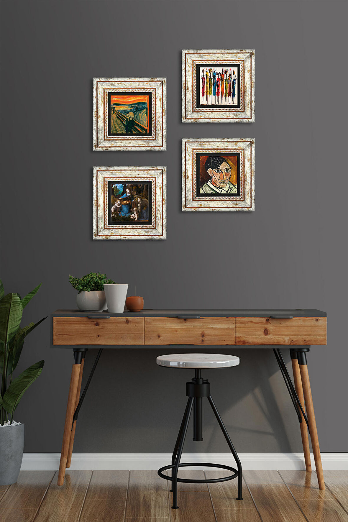 Picasso, Leonardo da Vinci, Çığlık, Yerli Kadınlar Taş Duvar Tablosu Çerçeveli Duvar Dekoru 4 Parça Tablo Seti Wall Art