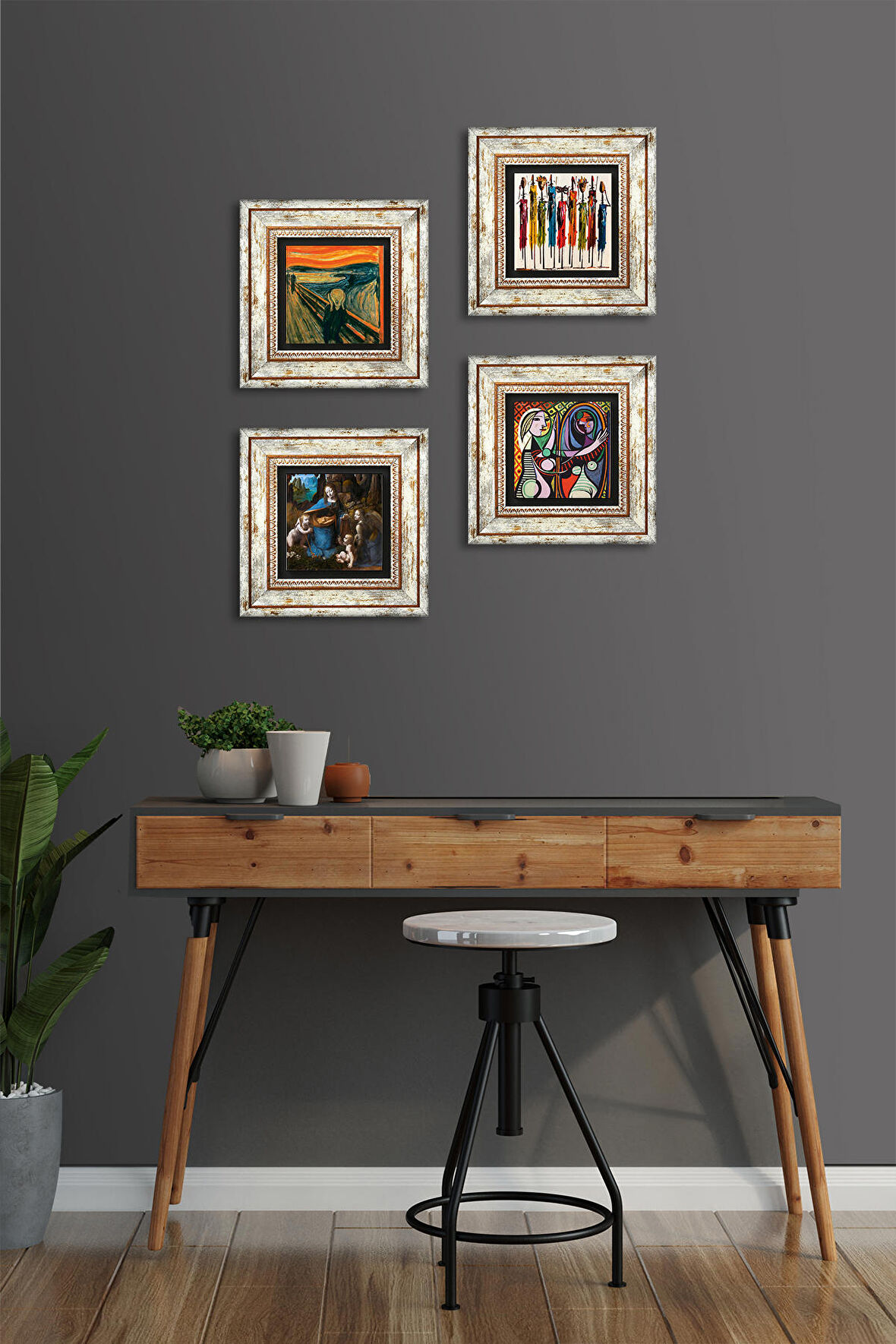 Picasso, Leonardo da Vinci, Çığlık, Yerli Kadınlar Taş Duvar Tablosu Çerçeveli Duvar Dekoru 4 Parça Tablo Seti Wall Art