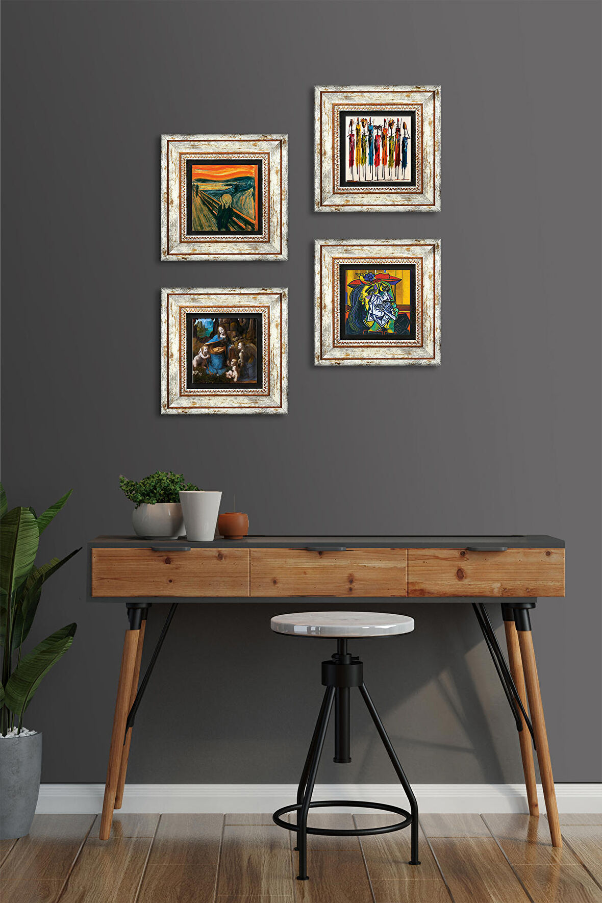 Picasso, Leonardo da Vinci, Çığlık, Yerli Kadınlar Taş Duvar Tablosu Çerçeveli Duvar Dekoru 4 Parça Tablo Seti Wall Art