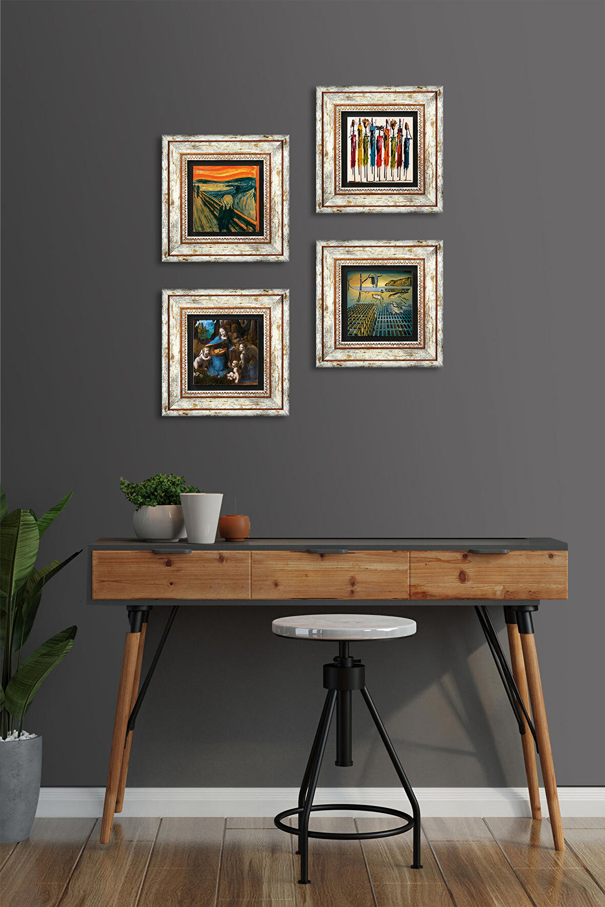 Salvador Dalí, Leonardo da Vinci, Çığlık, Yerli Kadınlar Taş Duvar Tablosu Çerçeveli Duvar Dekoru 4 Parça Tablo Seti Wall Art