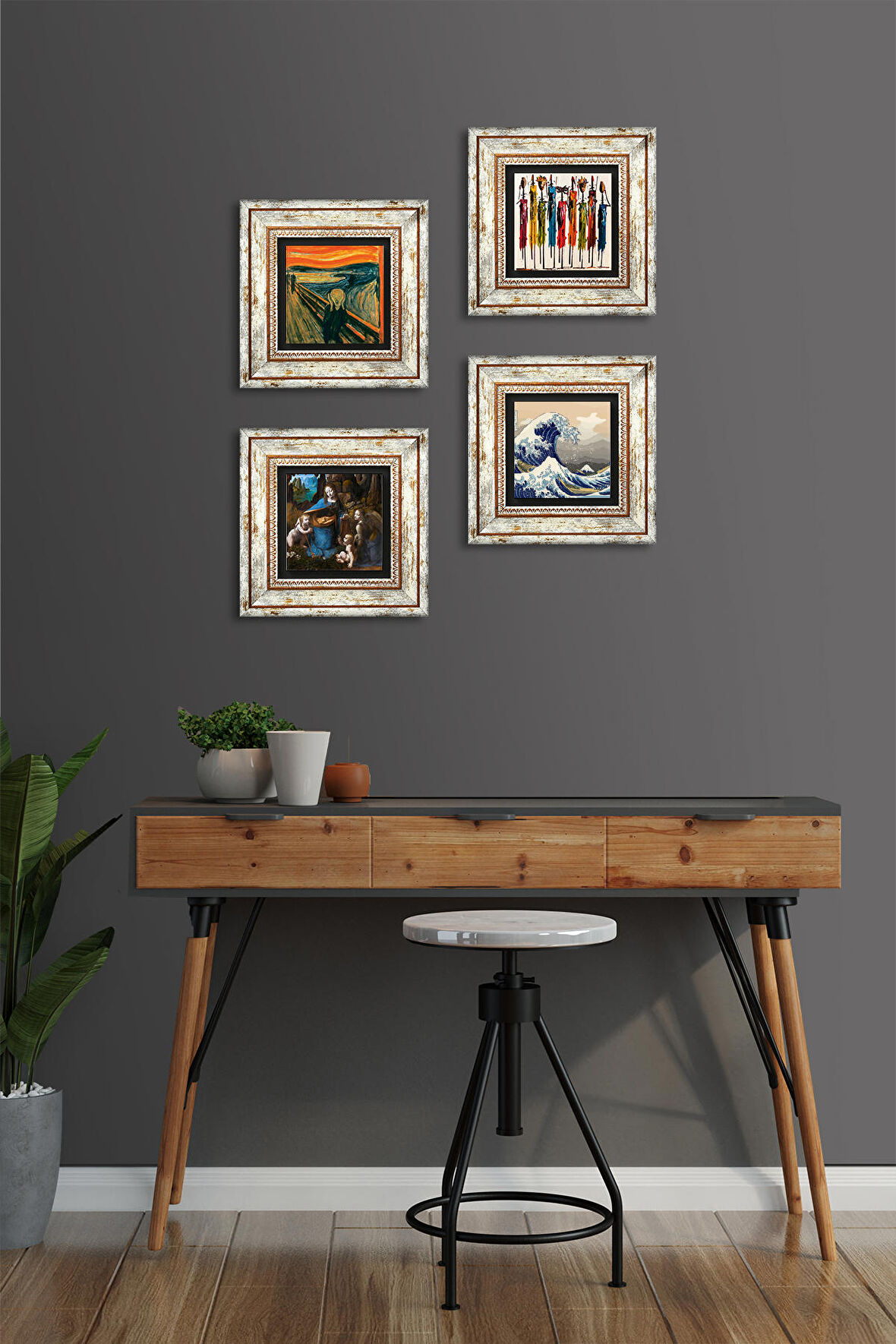 Leonardo da Vinci, Büyük Dalga Japon Sanatı, Çığlık, Yerli Kadınlar Taş Duvar Tablosu Çerçeveli Duvar Dekoru 4 Parça Tablo Seti Wall Art