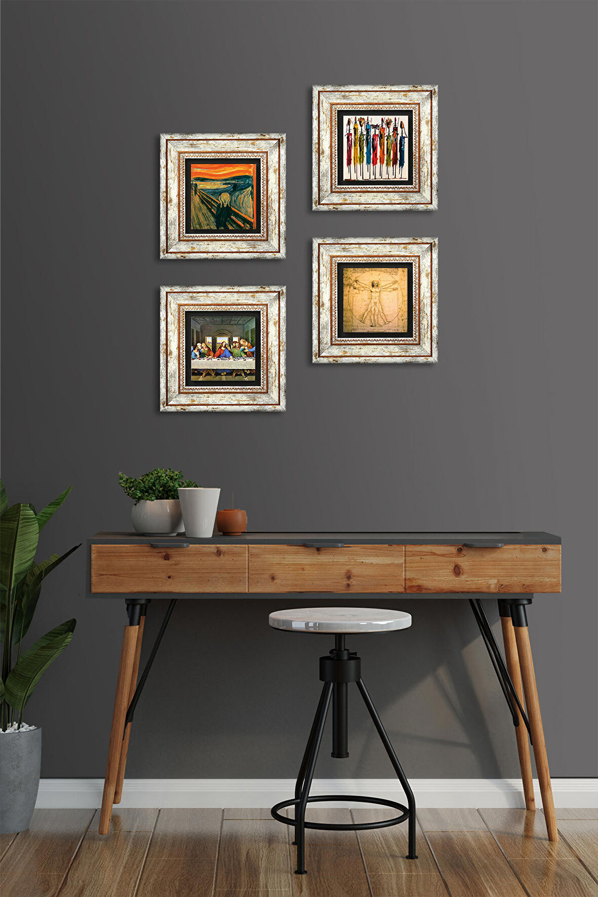 Da Vinci Son Akşam Yemeği, Vitruvius Adamı, Çığlık, Yerli Kadınlar Taş Duvar Tablosu Çerçeveli Duvar Dekoru 4 Parça Tablo Seti Wall Art