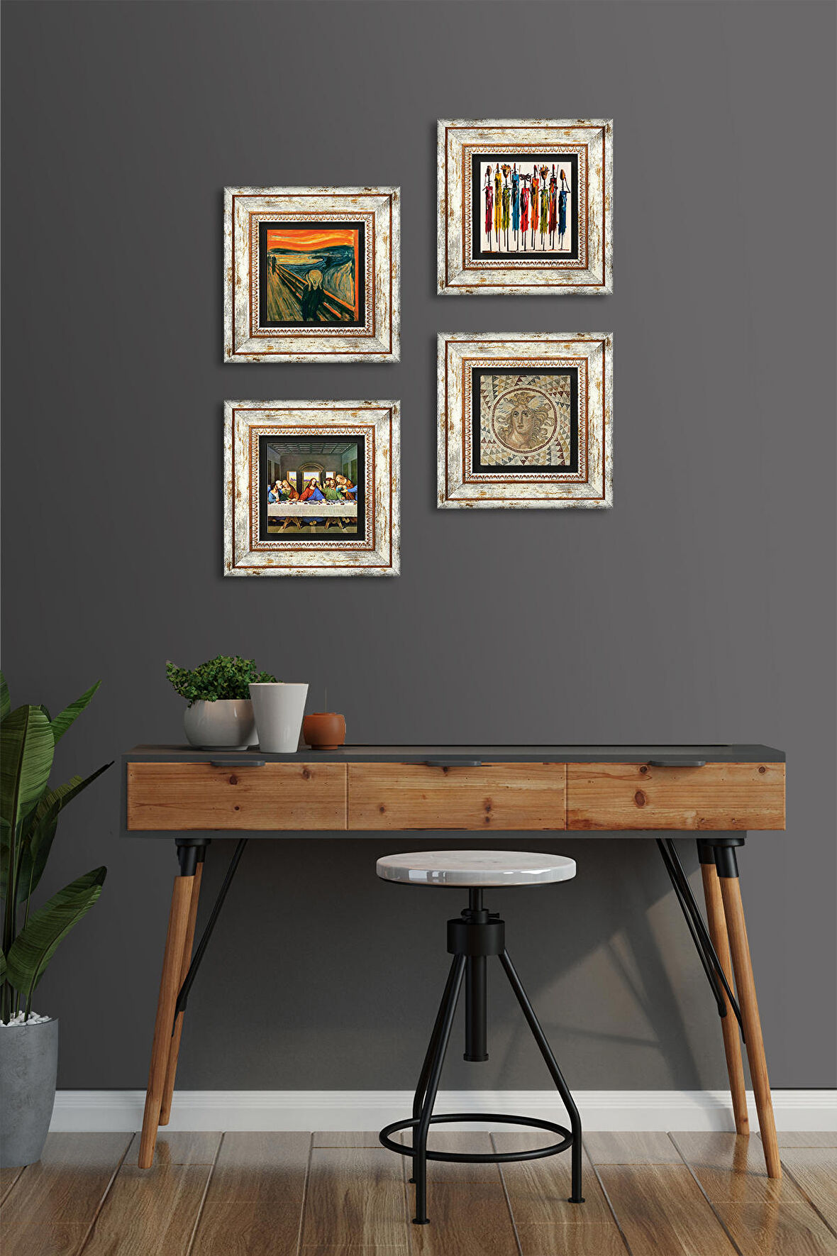 Da Vinci Son Akşam Yemeği, Çığlık, Yerli Kadınlar, Mozaik Taş Duvar Tablosu Çerçeveli Duvar Dekoru 4 Parça Tablo Seti Wall Art