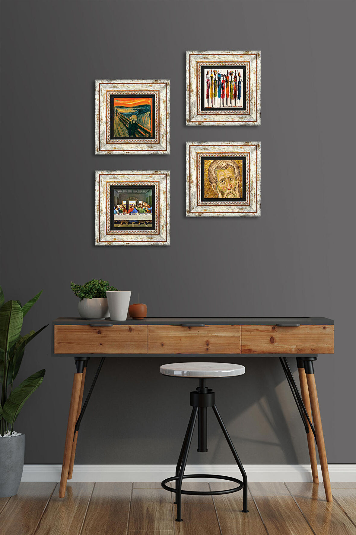 Da Vinci Son Akşam Yemeği, Çığlık, Yerli Kadınlar, Mozaik Taş Duvar Tablosu Çerçeveli Duvar Dekoru 4 Parça Tablo Seti Wall Art