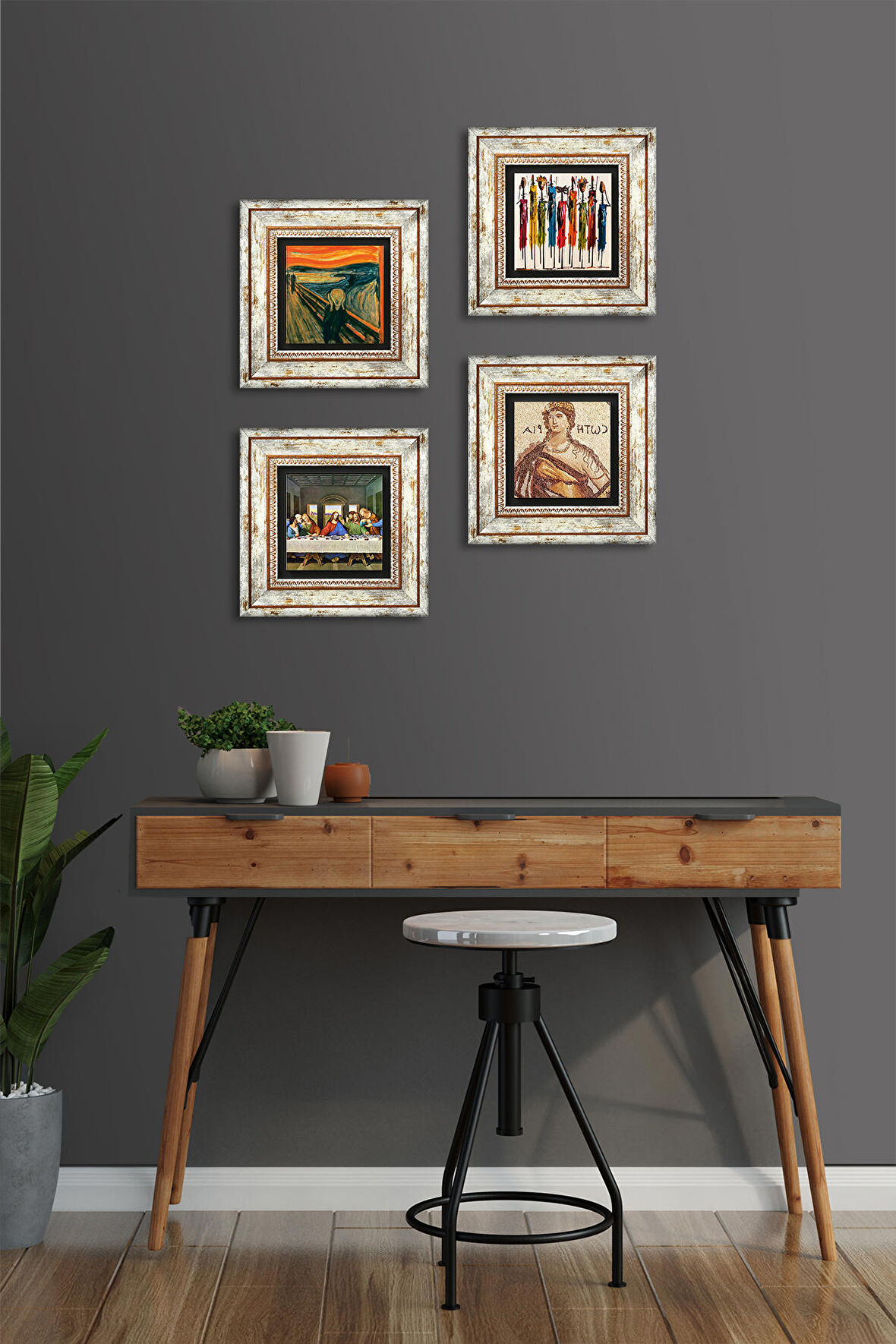 Da Vinci Son Akşam Yemeği, Çığlık, Yerli Kadınlar, Soteria Mozaiği Taş Duvar Tablosu Çerçeveli Duvar Dekoru 4 Parça Tablo Seti Wall Art