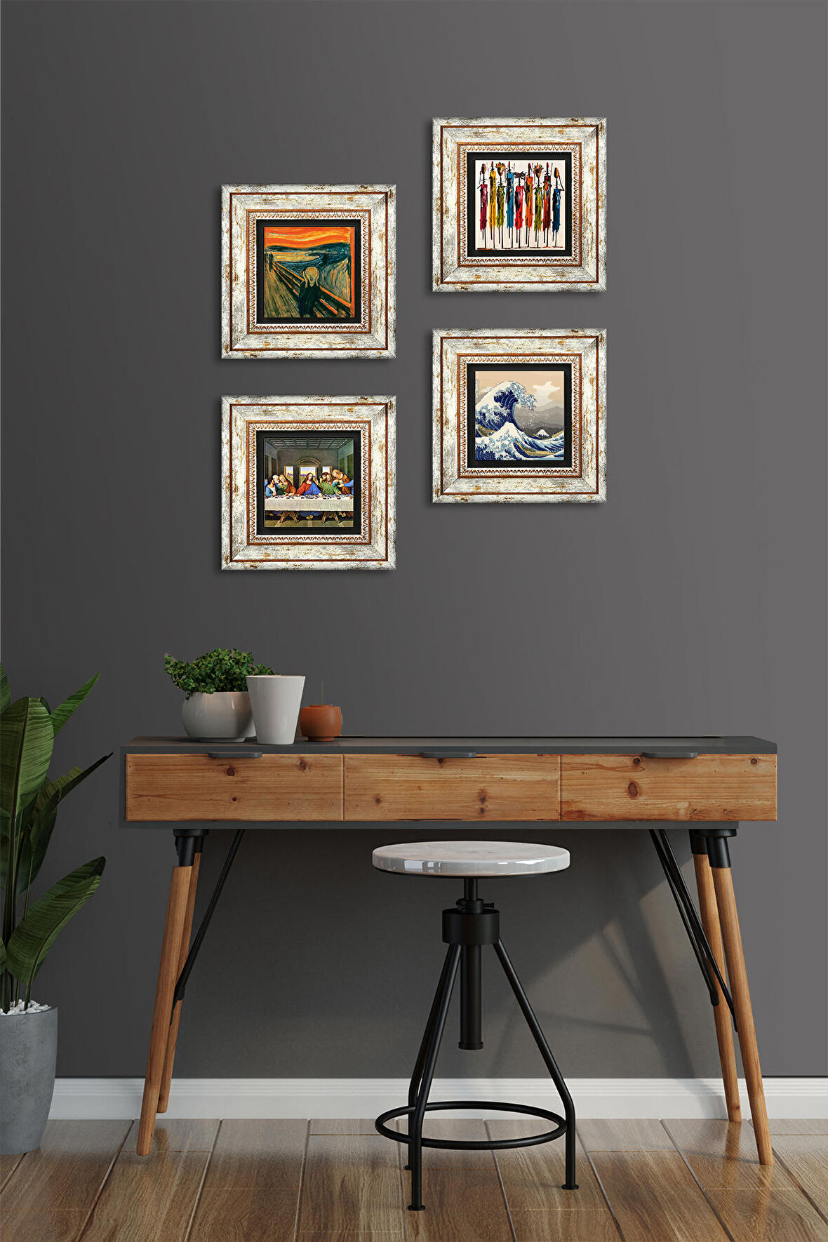 Leonardo da Vinci, Büyük Dalga Japon Sanatı, Çığlık, Yerli Kadınlar Taş Duvar Tablosu Çerçeveli Duvar Dekoru 4 Parça Tablo Seti Wall Art