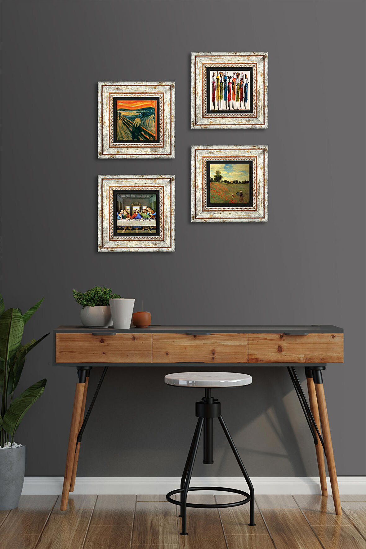 Leonardo da Vinci, Claude Monet, Çığlık, Yerli Kadınlar Taş Duvar Tablosu Çerçeveli Duvar Dekoru 4 Parça Tablo Seti Wall Art