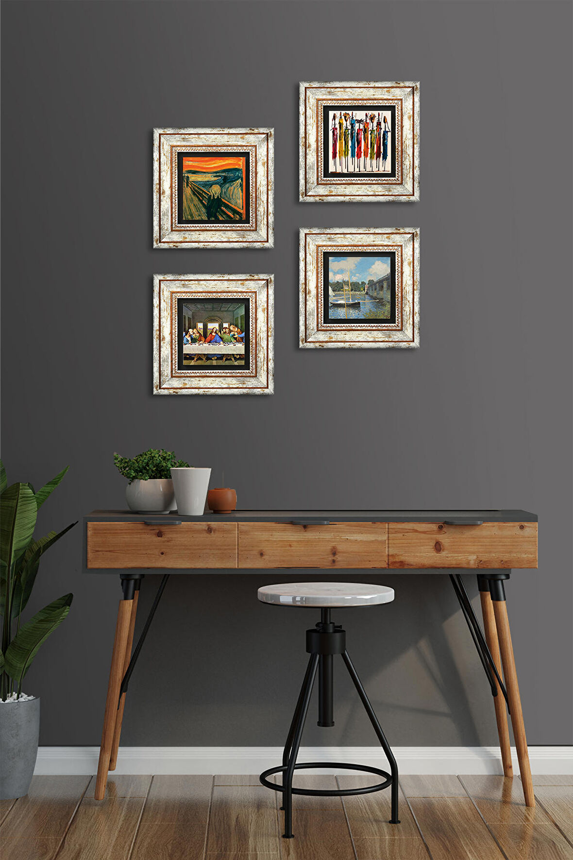 Leonardo da Vinci, Claude Monet, Çığlık, Yerli Kadınlar Taş Duvar Tablosu Çerçeveli Duvar Dekoru 4 Parça Tablo Seti Wall Art