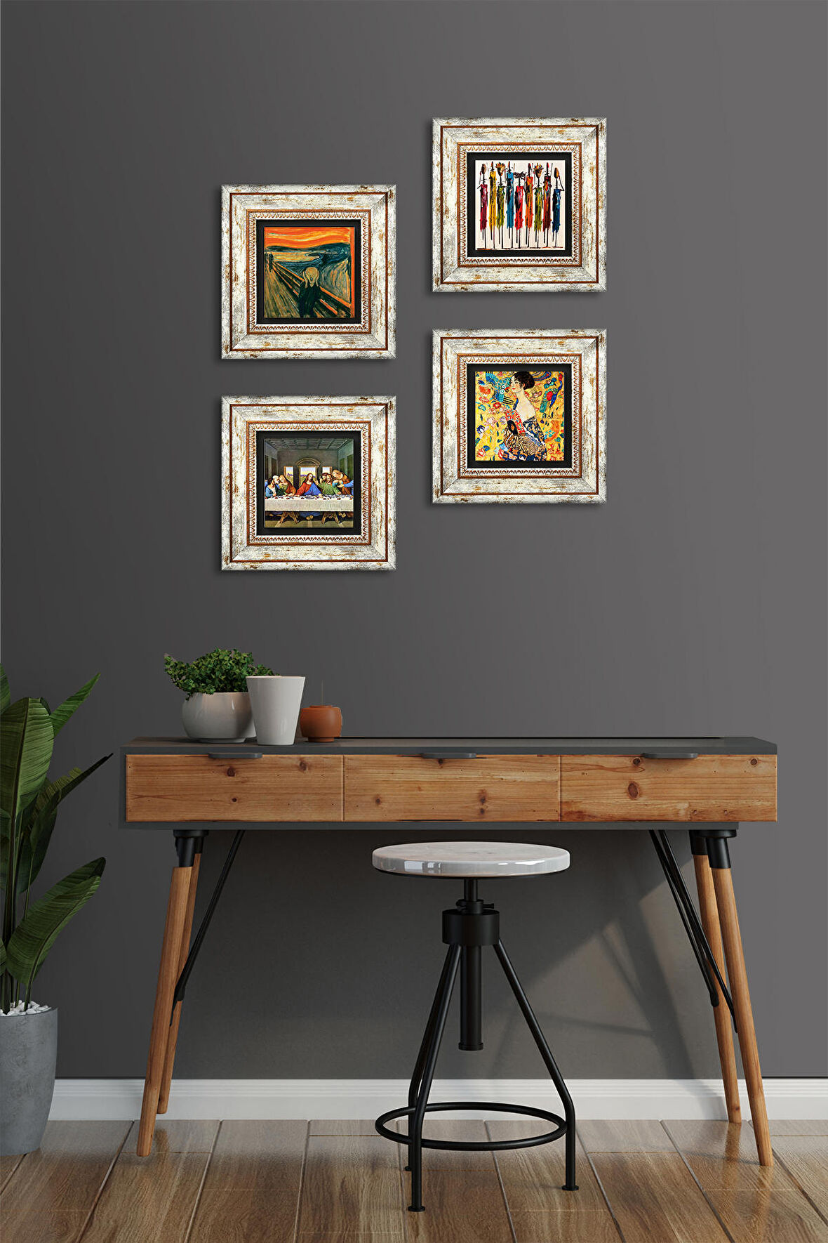 Gustav Klimt, Leonardo da Vinci, Çığlık, Yerli Kadınlar Taş Duvar Tablosu Çerçeveli Duvar Dekoru 4 Parça Tablo Seti Wall Art