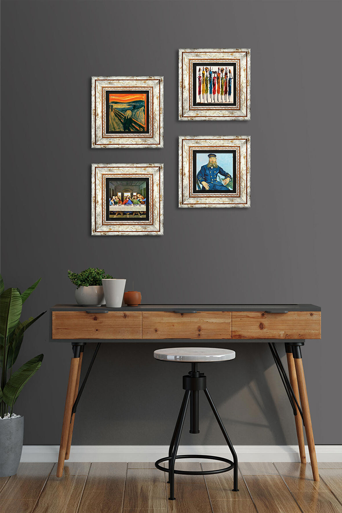 Van Gogh, Leonardo da Vinci, Çığlık, Yerli Kadınlar Taş Duvar Tablosu Çerçeveli Duvar Dekoru 4 Parça Tablo Seti Wall Art