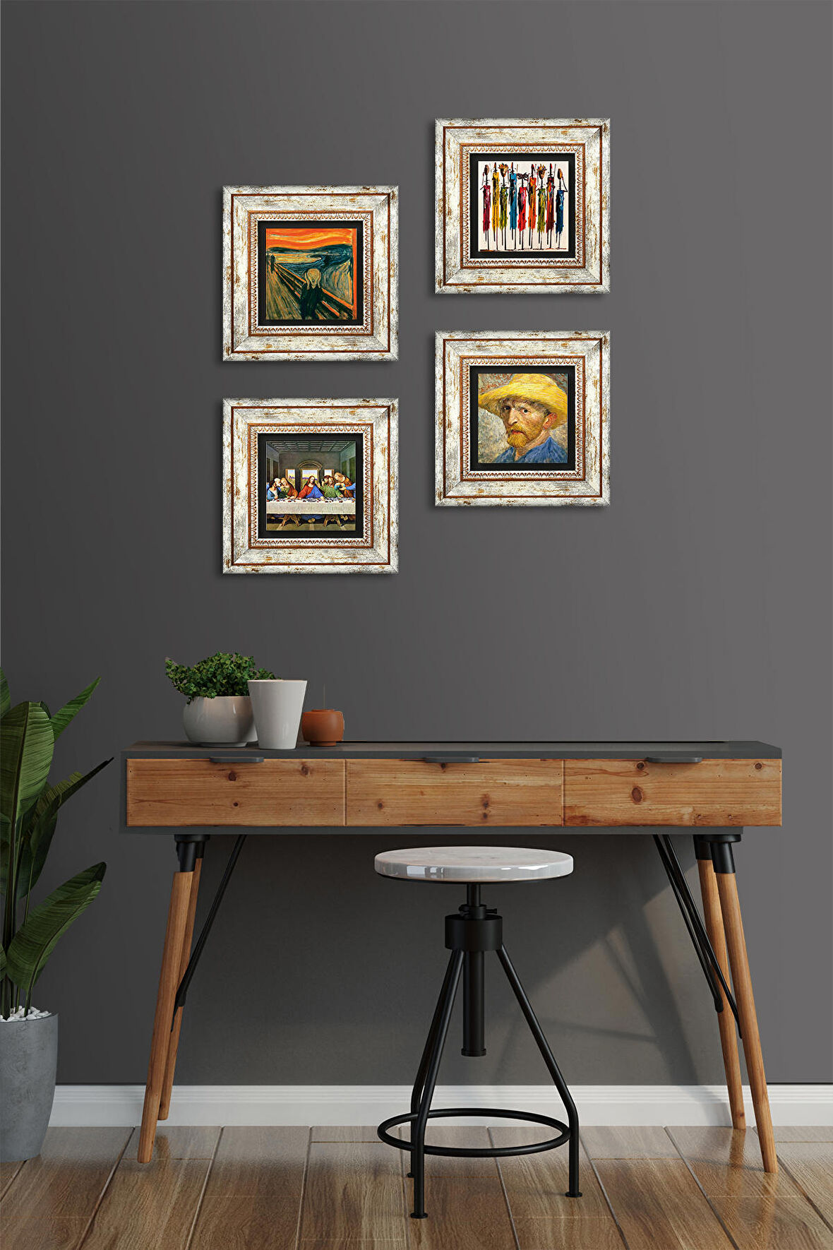 Van Gogh, Leonardo da Vinci, Çığlık, Yerli Kadınlar Taş Duvar Tablosu Çerçeveli Duvar Dekoru 4 Parça Tablo Seti Wall Art