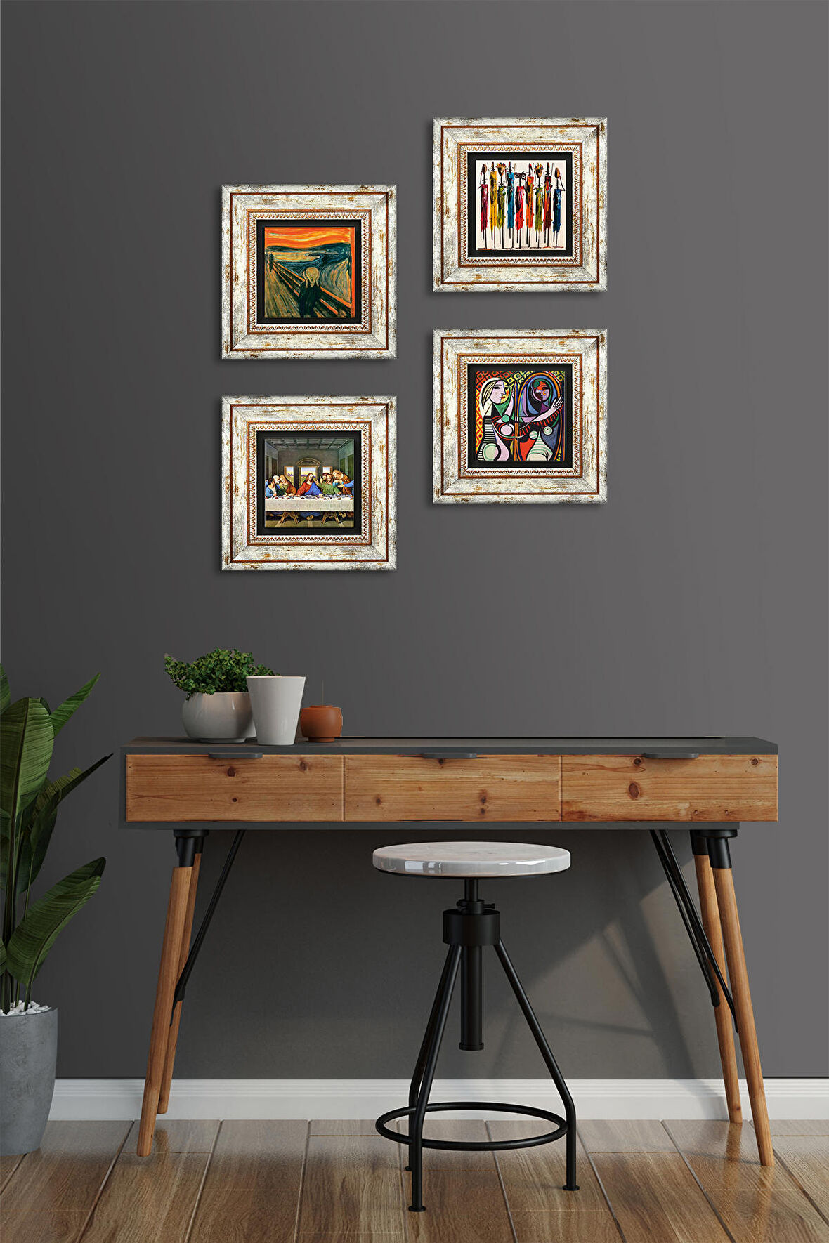 Picasso, Leonardo da Vinci, Çığlık, Yerli Kadınlar Taş Duvar Tablosu Çerçeveli Duvar Dekoru 4 Parça Tablo Seti Wall Art