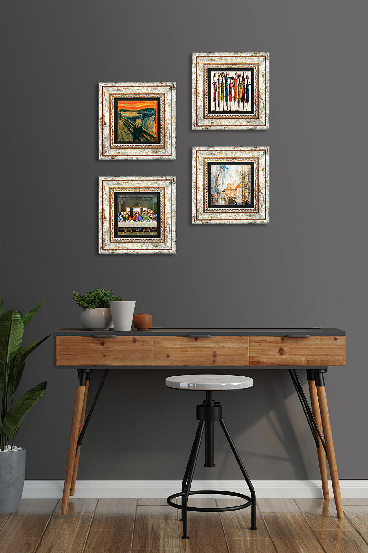 Salvador Dalí, Leonardo da Vinci, Çığlık, Yerli Kadınlar Taş Duvar Tablosu Çerçeveli Duvar Dekoru 4 Parça Tablo Seti Wall Art