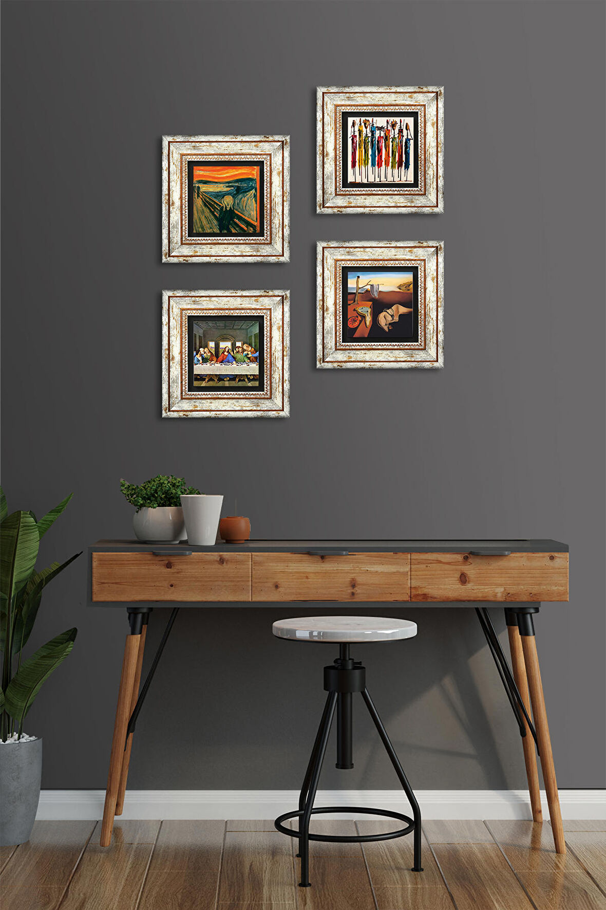 Salvador Dalí, Leonardo da Vinci, Çığlık, Yerli Kadınlar Taş Duvar Tablosu Çerçeveli Duvar Dekoru 4 Parça Tablo Seti Wall Art