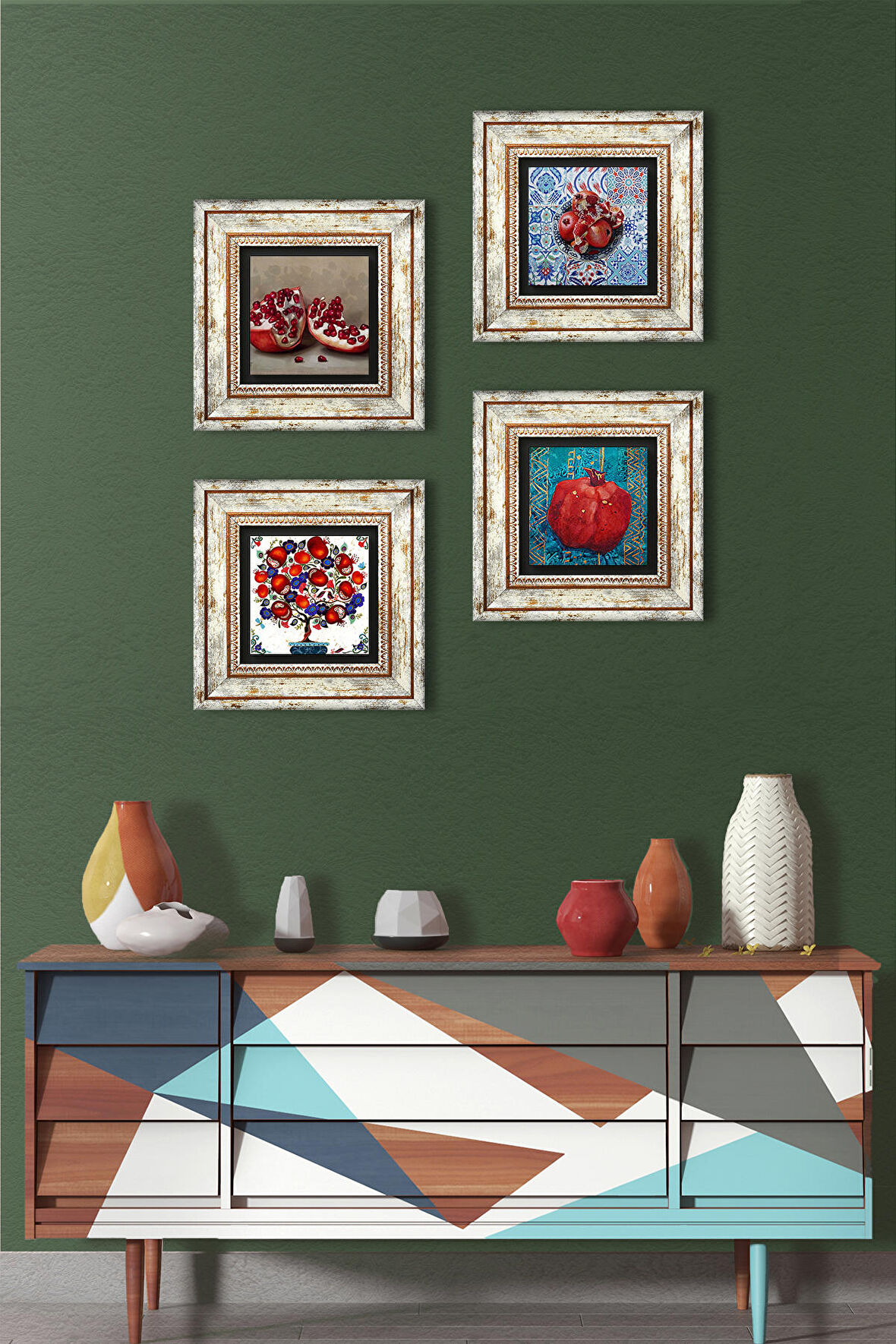 Nar Ağacı, Nar Taş Duvar Tablosu Çerçeveli Duvar Dekoru 4 Parça Tablo Seti Wall Art