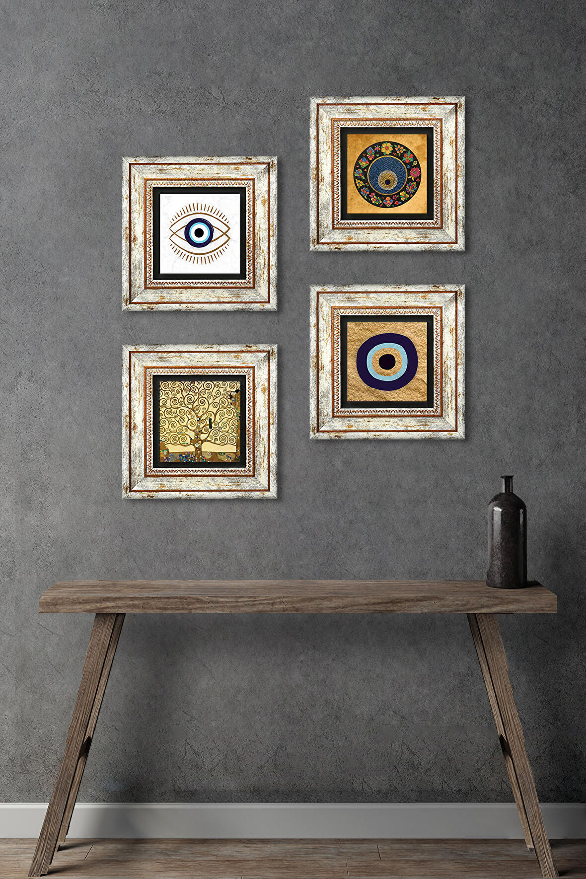 Nazar, Hayat Ağacı Taş Duvar Tablosu Çerçeveli Duvar Dekoru 4 Parça Tablo Seti Wall Art