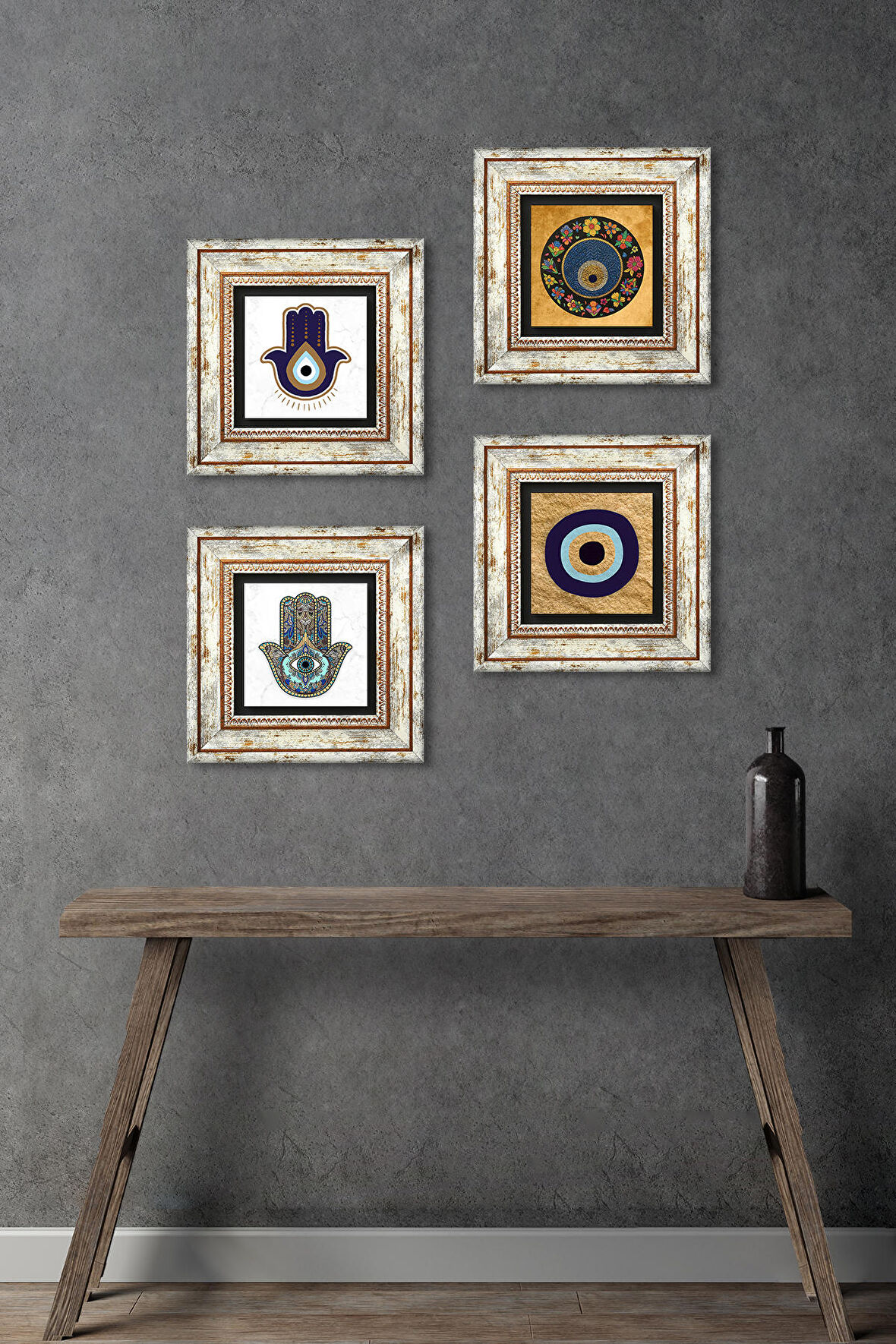 Nazar, Fatma Ana Eli (Hamsa) Taş Duvar Tablosu Çerçeveli Duvar Dekoru 4 Parça Tablo Seti Wall Art