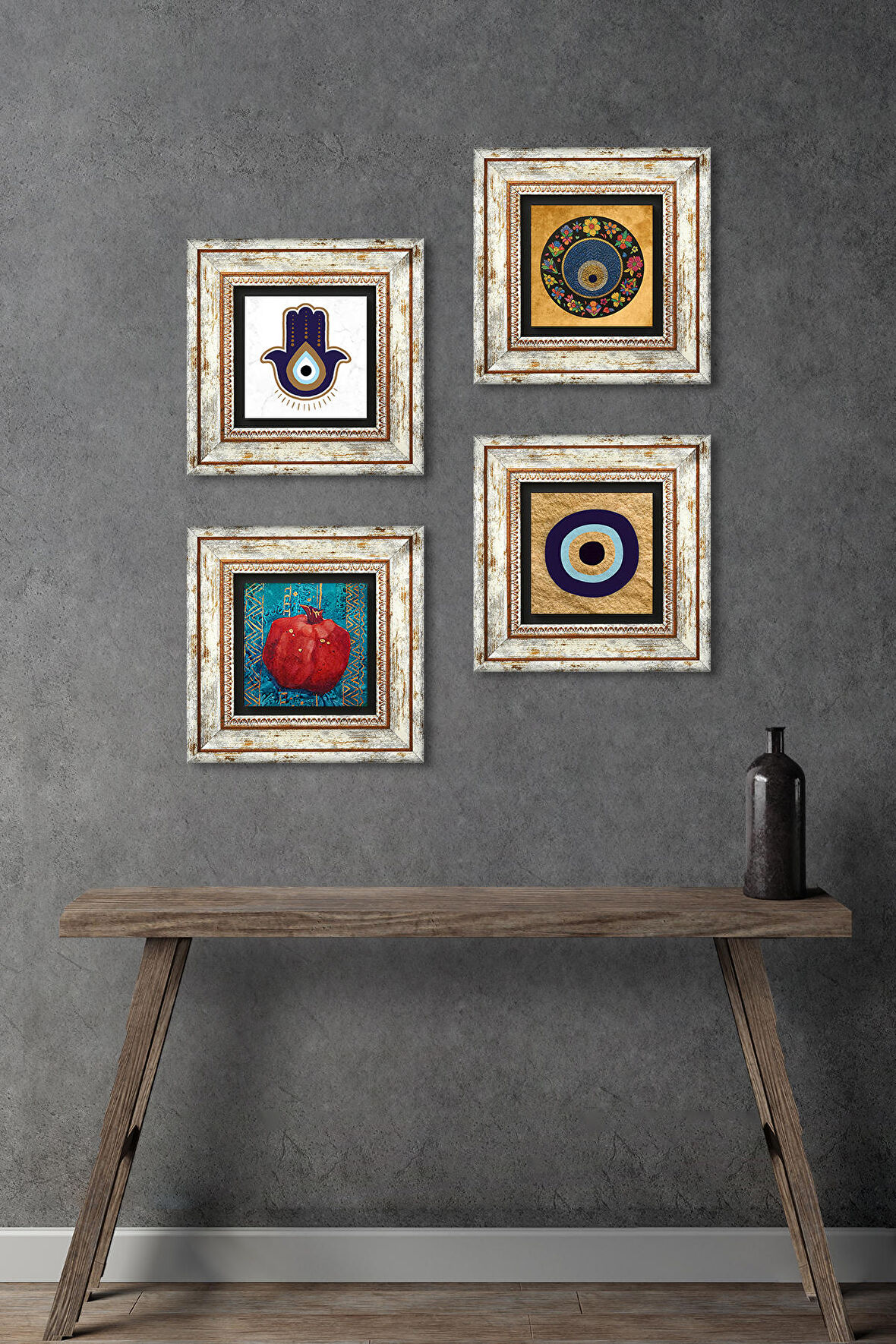 Fatma Ana Eli (Hamsa), Nazar, Nar Taş Duvar Tablosu Çerçeveli Duvar Dekoru 4 Parça Tablo Seti Wall Art