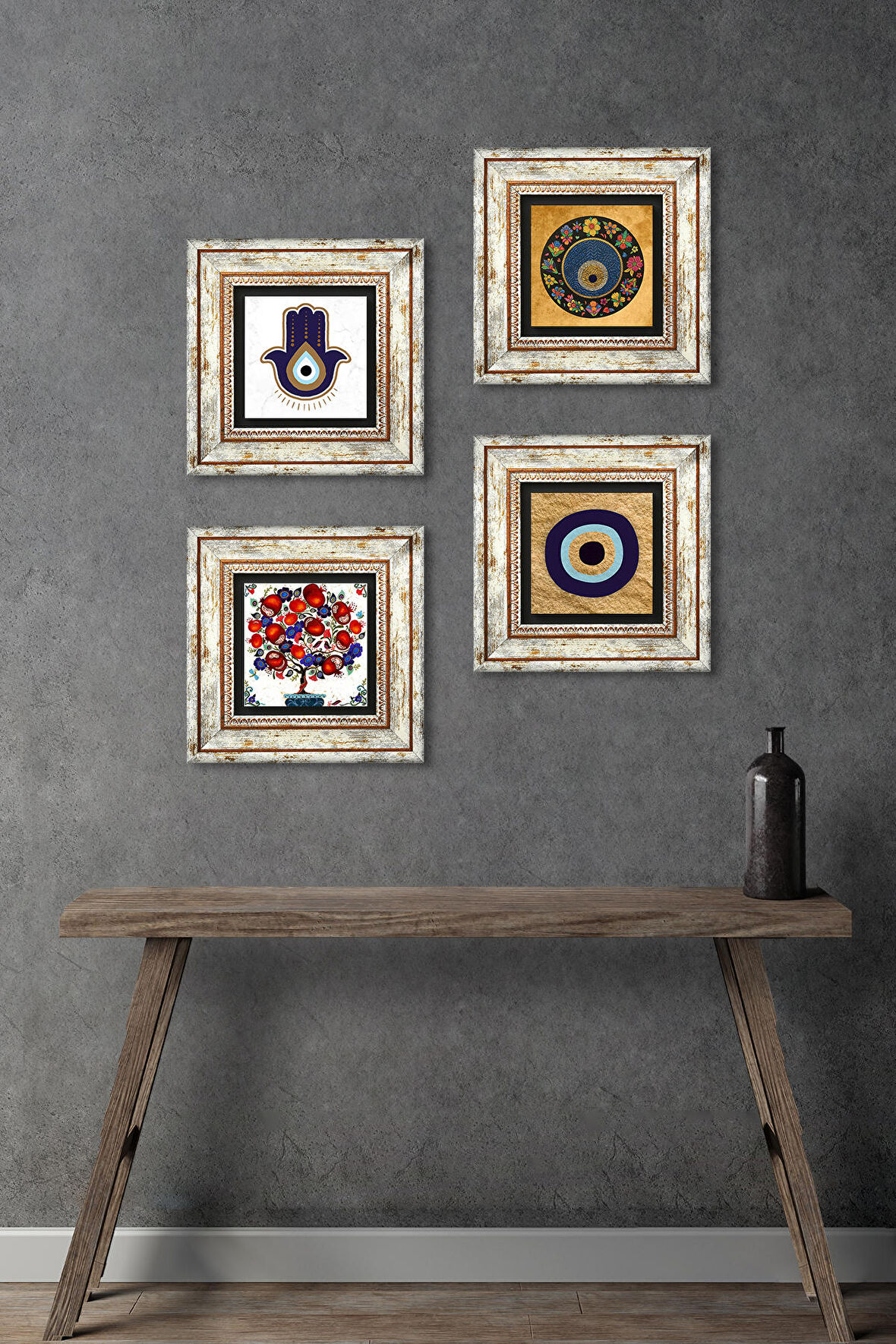 Fatma Ana Eli (Hamsa), Nazar, Nar Ağacı Taş Duvar Tablosu Çerçeveli Duvar Dekoru 4 Parça Tablo Seti Wall Art