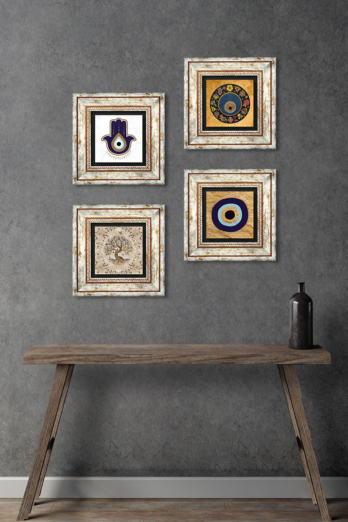 Fatma Ana Eli (Hamsa), Nazar, Hayat Ağacı Taş Duvar Tablosu Çerçeveli Duvar Dekoru 4 Parça Tablo Seti Wall Art