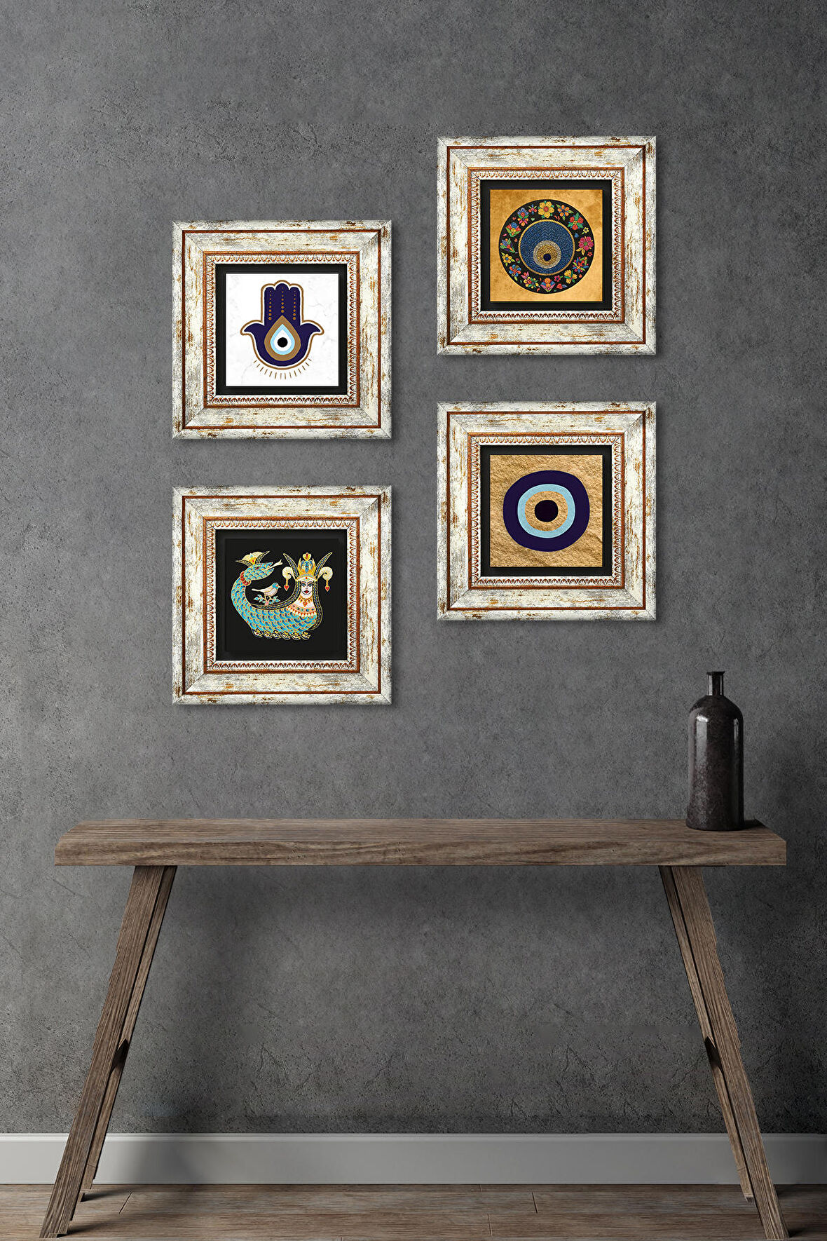 Fatma Ana Eli (Hamsa), Nazar, Şahmeran Taş Duvar Tablosu Çerçeveli Duvar Dekoru 4 Parça Tablo Seti Wall Art