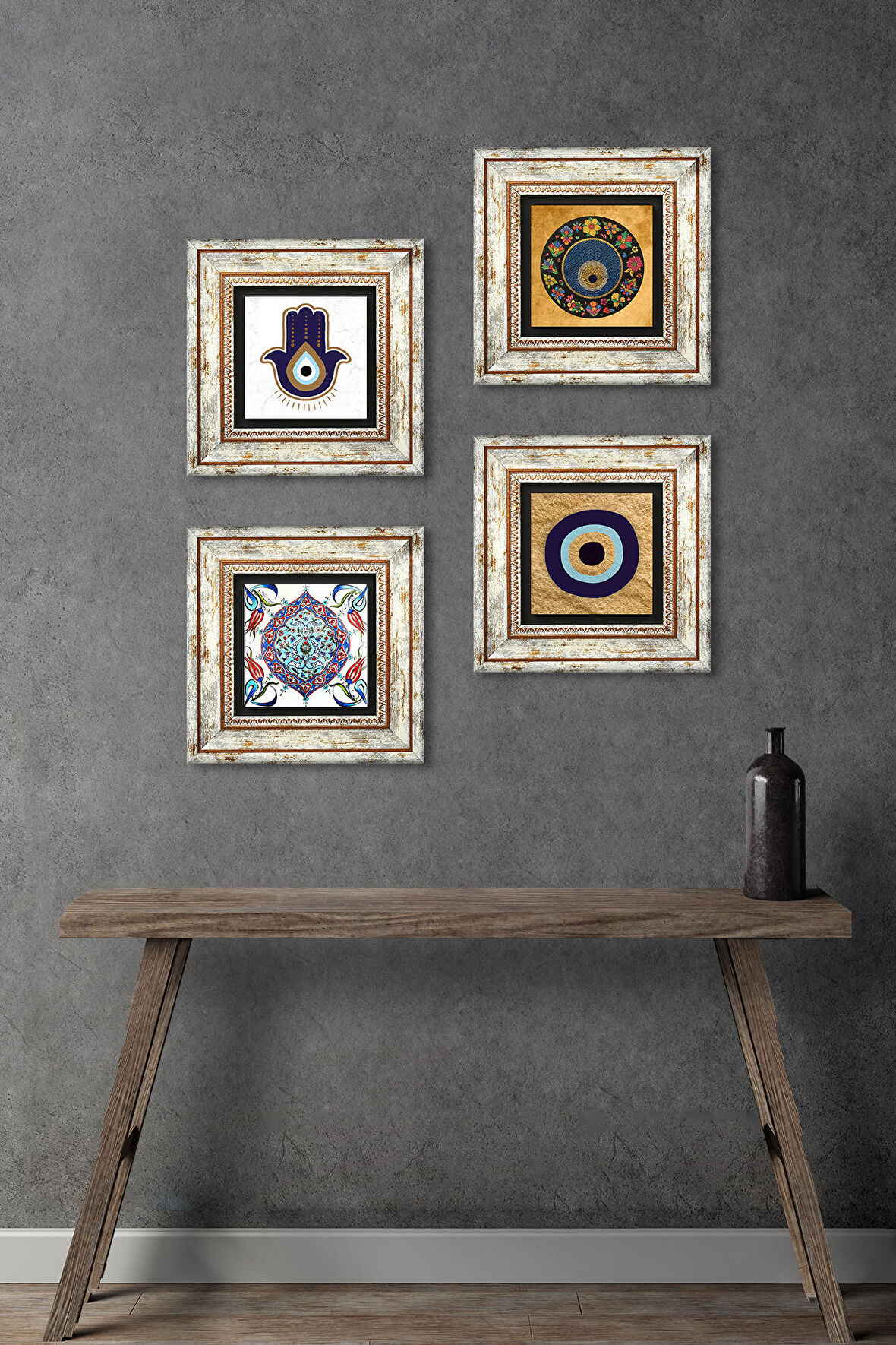 Fatma Ana Eli (Hamsa), Nazar, Çini Sanatı Taş Duvar Tablosu Çerçeveli Duvar Dekoru 4 Parça Tablo Seti Wall Art