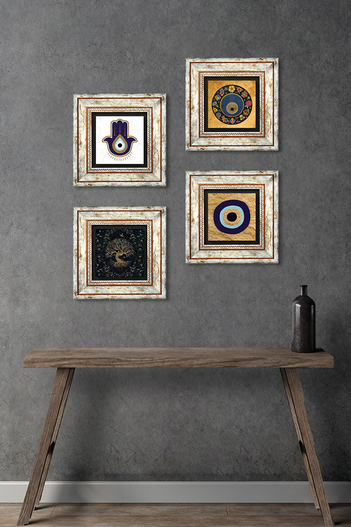 Fatma Ana Eli (Hamsa), Hayat Ağacı, Nazar Taş Duvar Tablosu Çerçeveli Duvar Dekoru 4 Parça Tablo Seti Wall Art