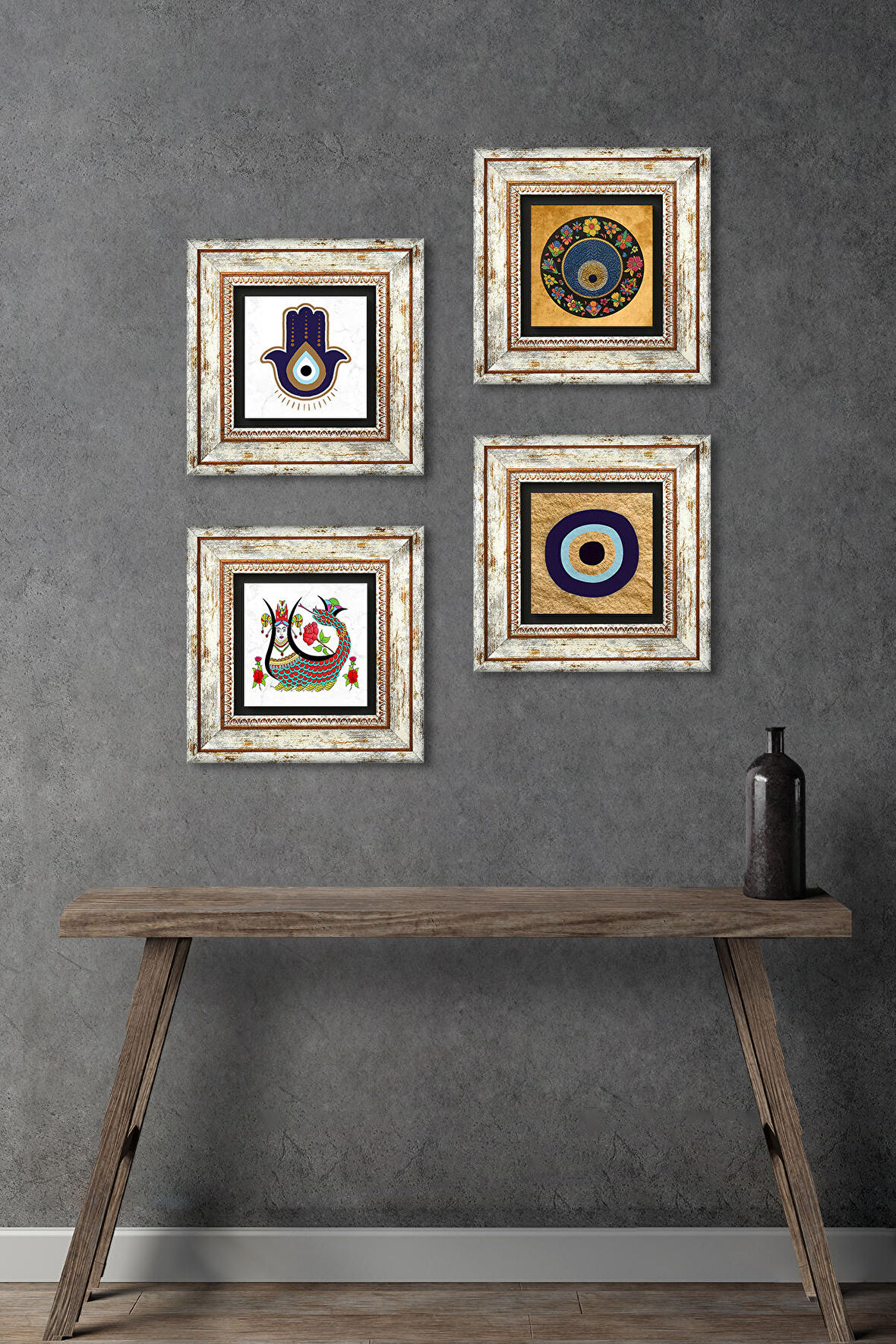 Fatma Ana Eli (Hamsa), Şahmeran, Nazar Taş Duvar Tablosu Çerçeveli Duvar Dekoru 4 Parça Tablo Seti Wall Art