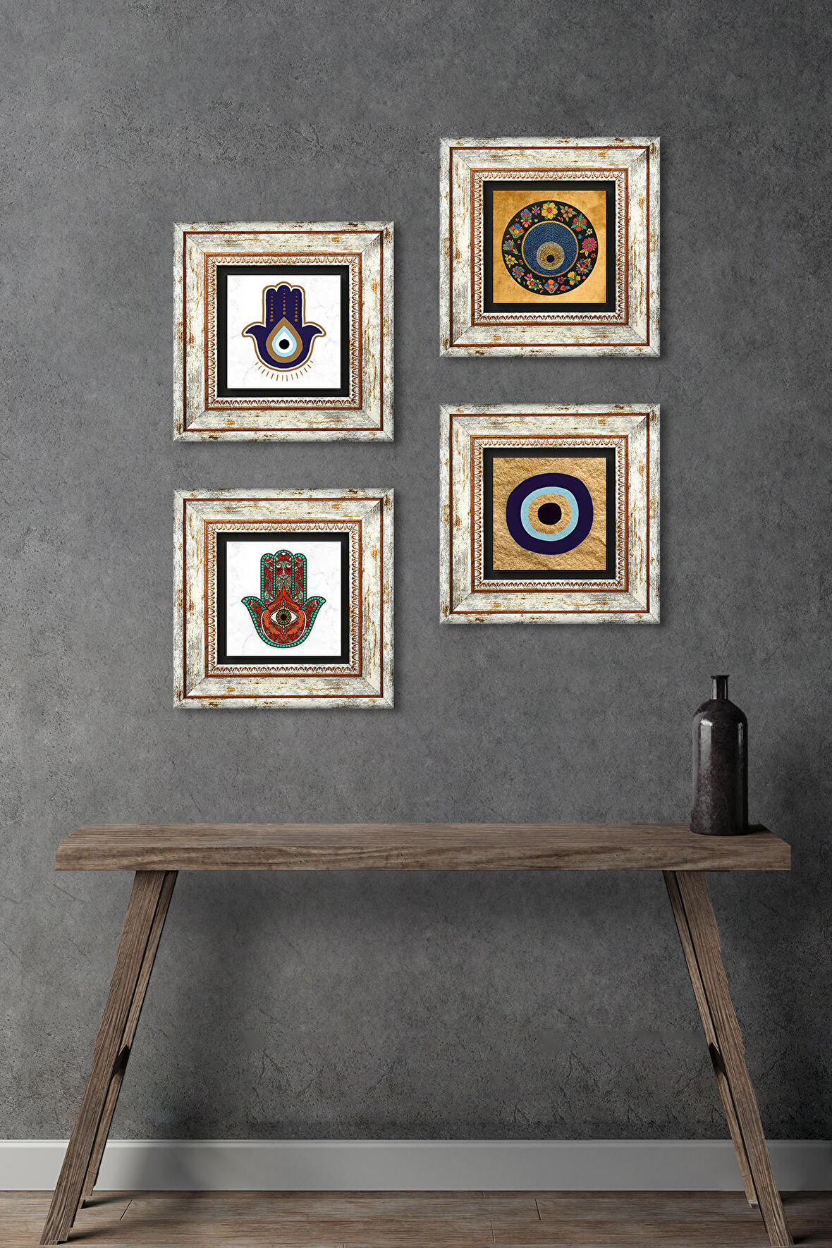 Fatma Ana Eli (Hamsa), Nazar Taş Duvar Tablosu Çerçeveli Duvar Dekoru 4 Parça Tablo Seti Wall Art