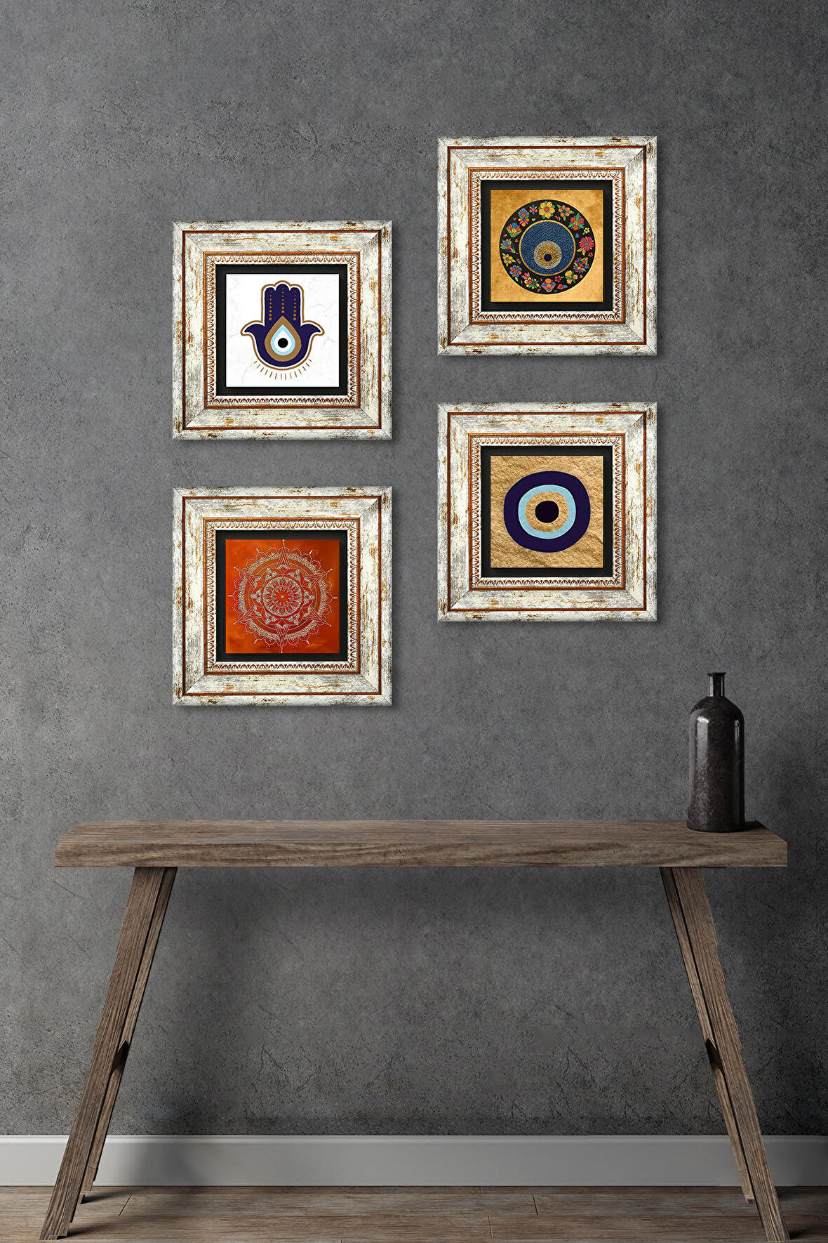 Fatma Ana Eli (Hamsa), Mandala, Nazar Taş Duvar Tablosu Çerçeveli Duvar Dekoru 4 Parça Tablo Seti Wall Art